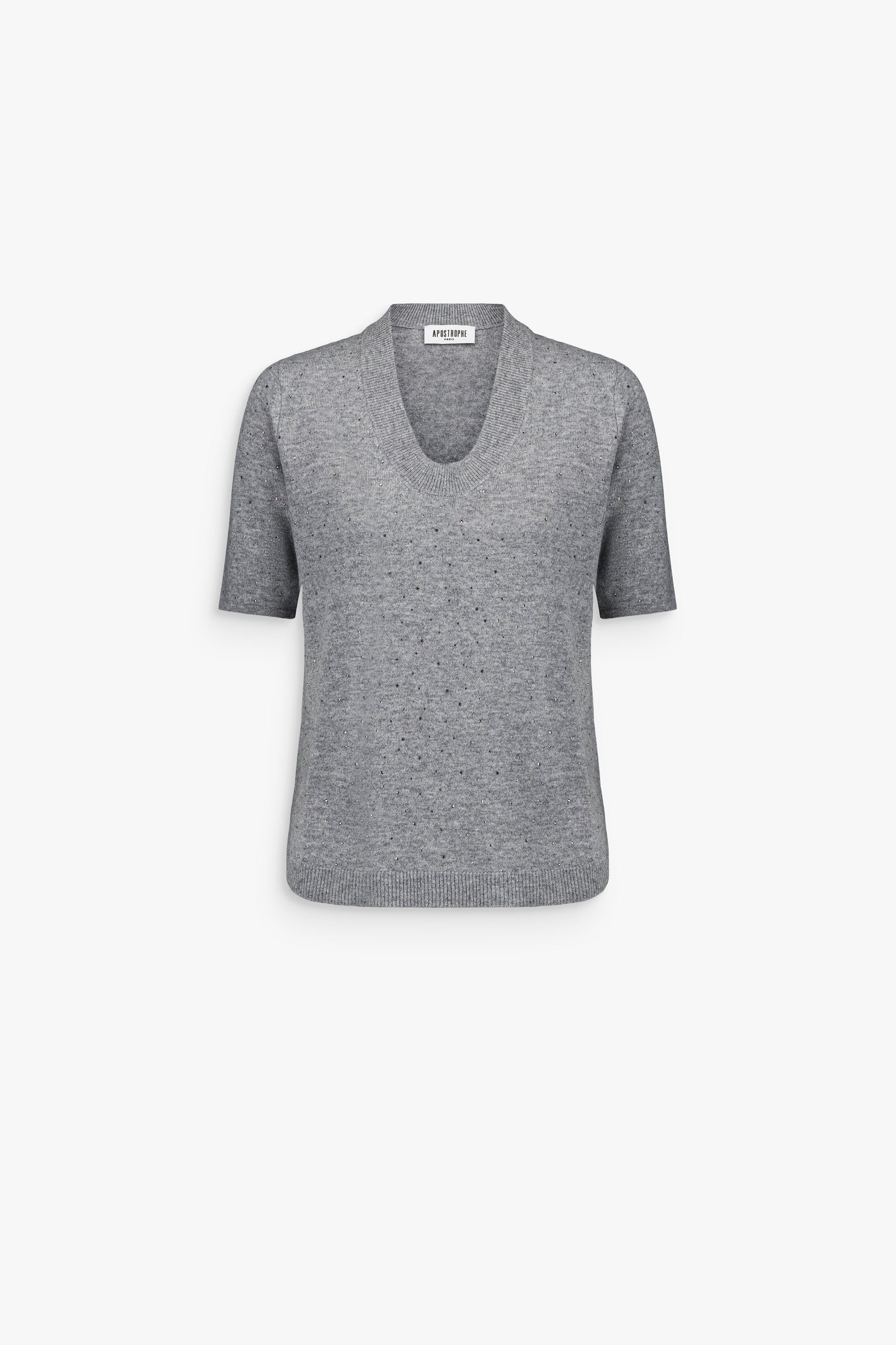 Top en cachemire gris moyen avec strass, coupe ample et manches courtes.