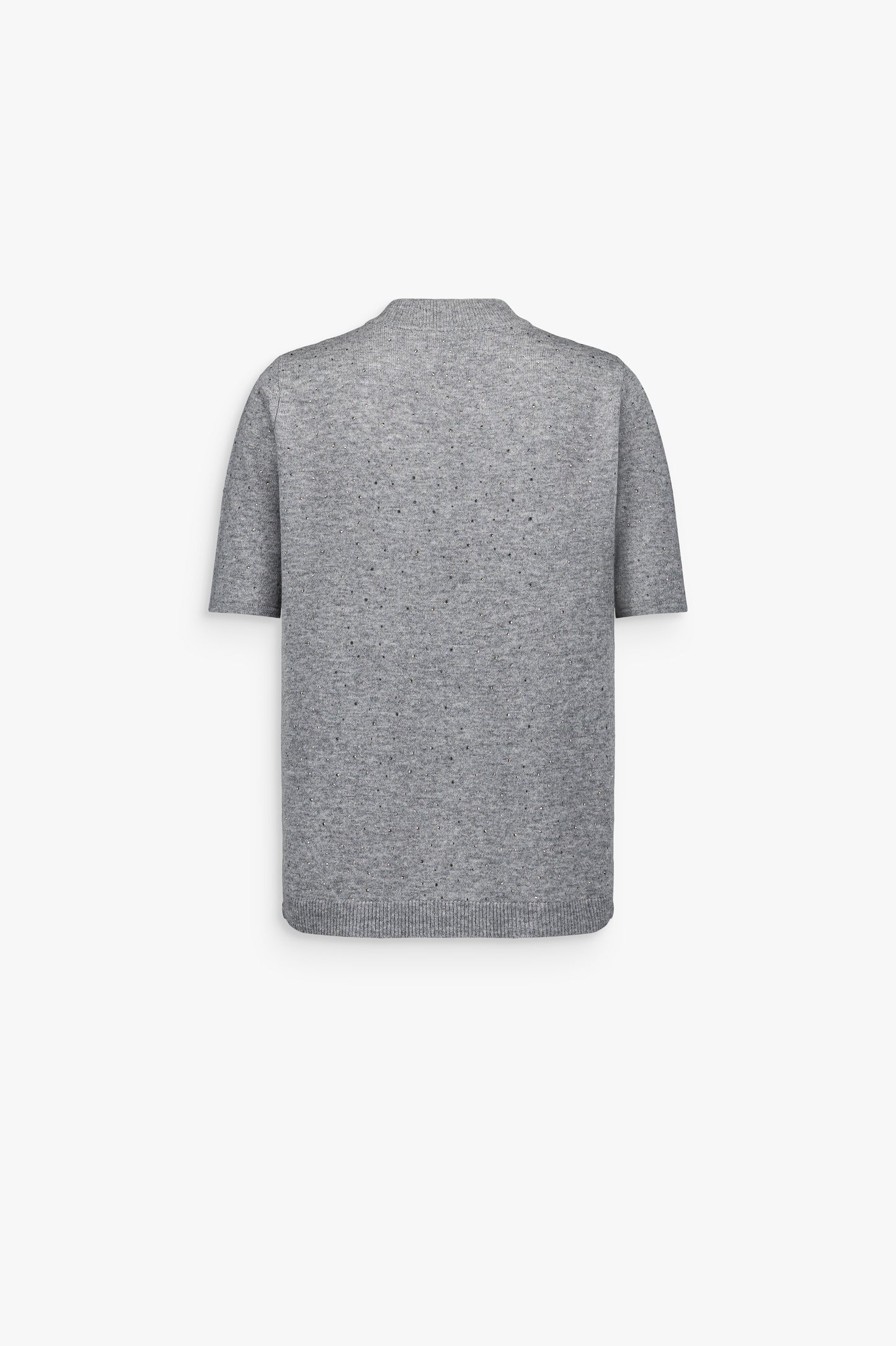 Top à strass en cachemire gris, coupe fluide et finitions côtelées.
