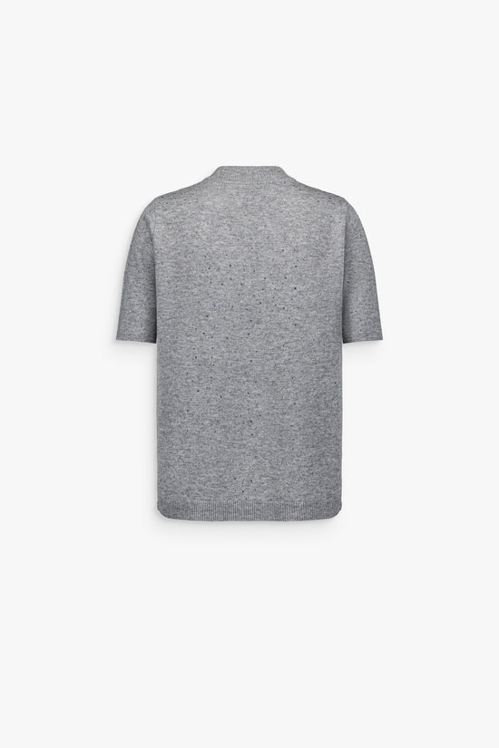 Top à strass en cachemire gris, coupe fluide et finitions côtelées.