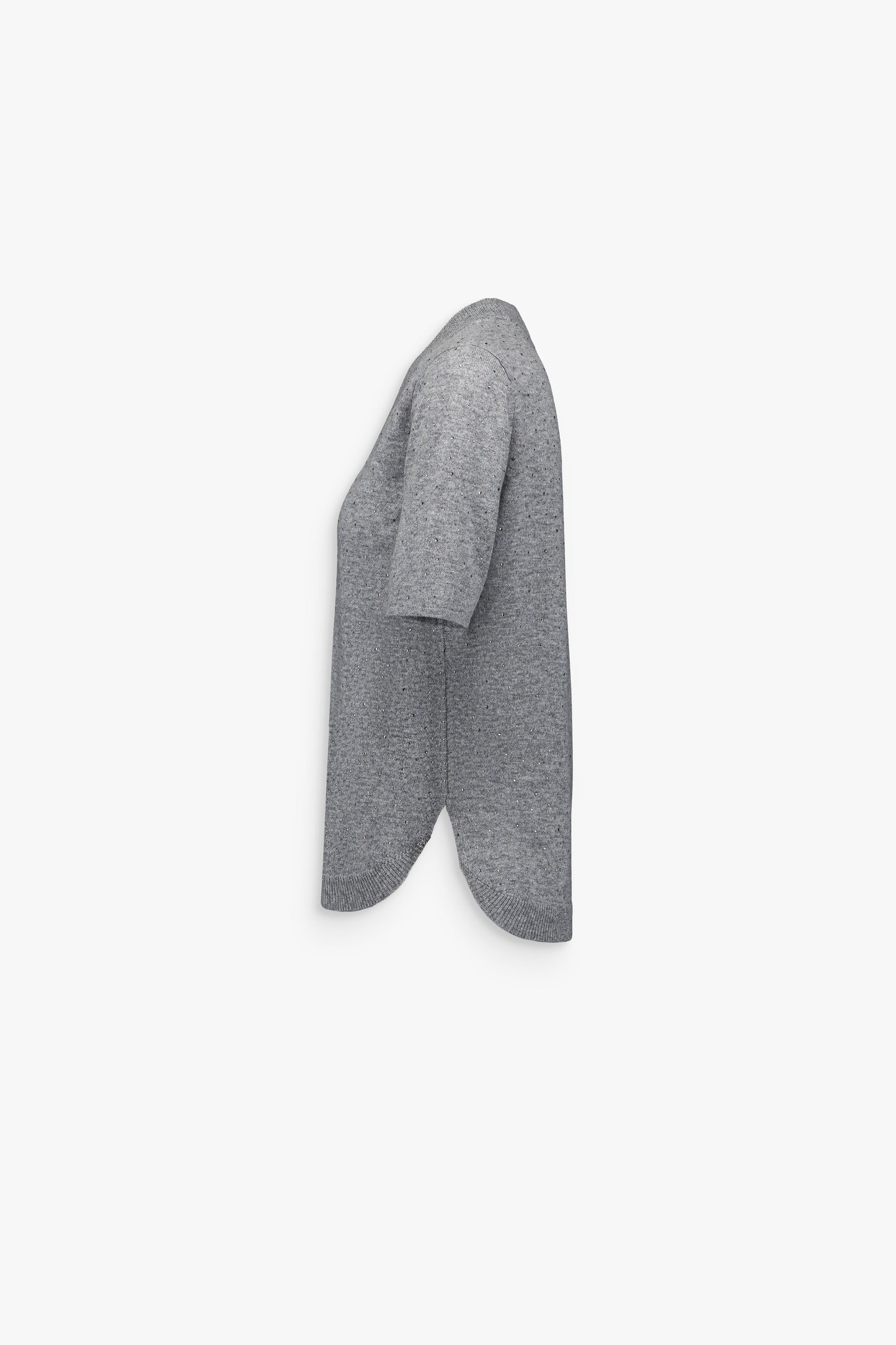 Top gris en cachemire doté de strass, col rond et ouvertures côtés.