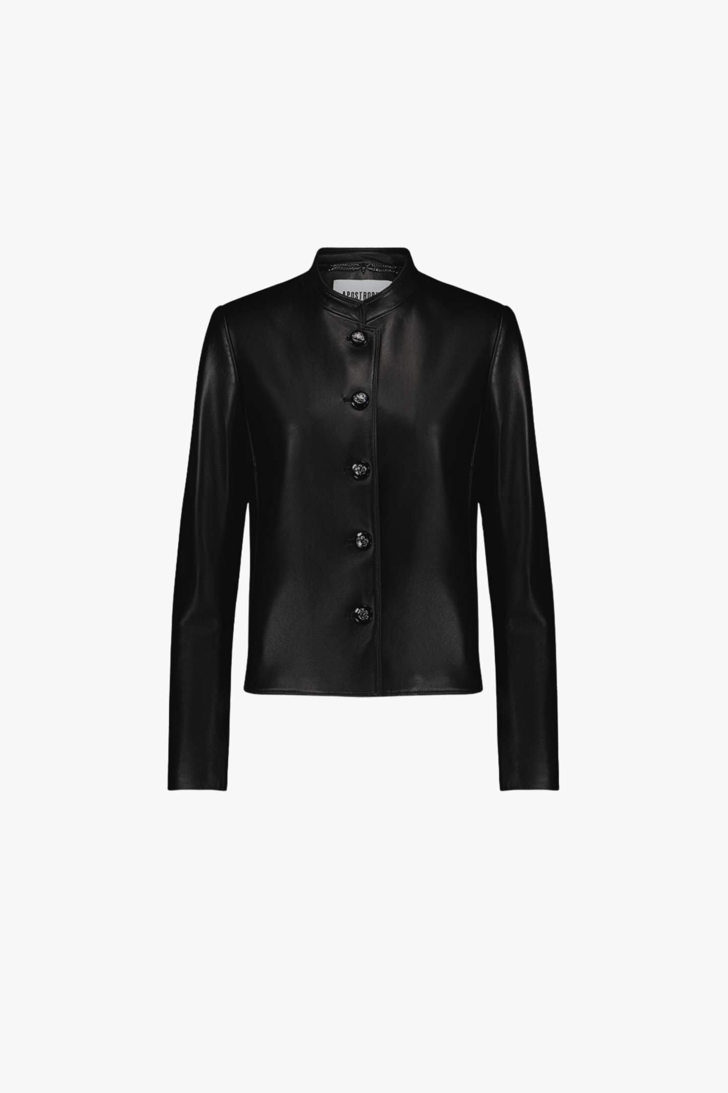 Veste en cuir noire, coupe droite avec manches longues et boutons blasons raffinés.