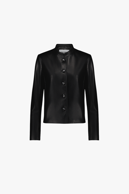 Veste en cuir noire, coupe droite avec manches longues et boutons blasons raffinés.