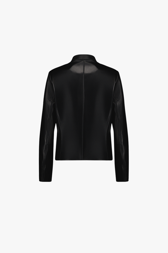 Veste en cuir noire, coupe droite avec manches longues et boutons blasons raffinés.