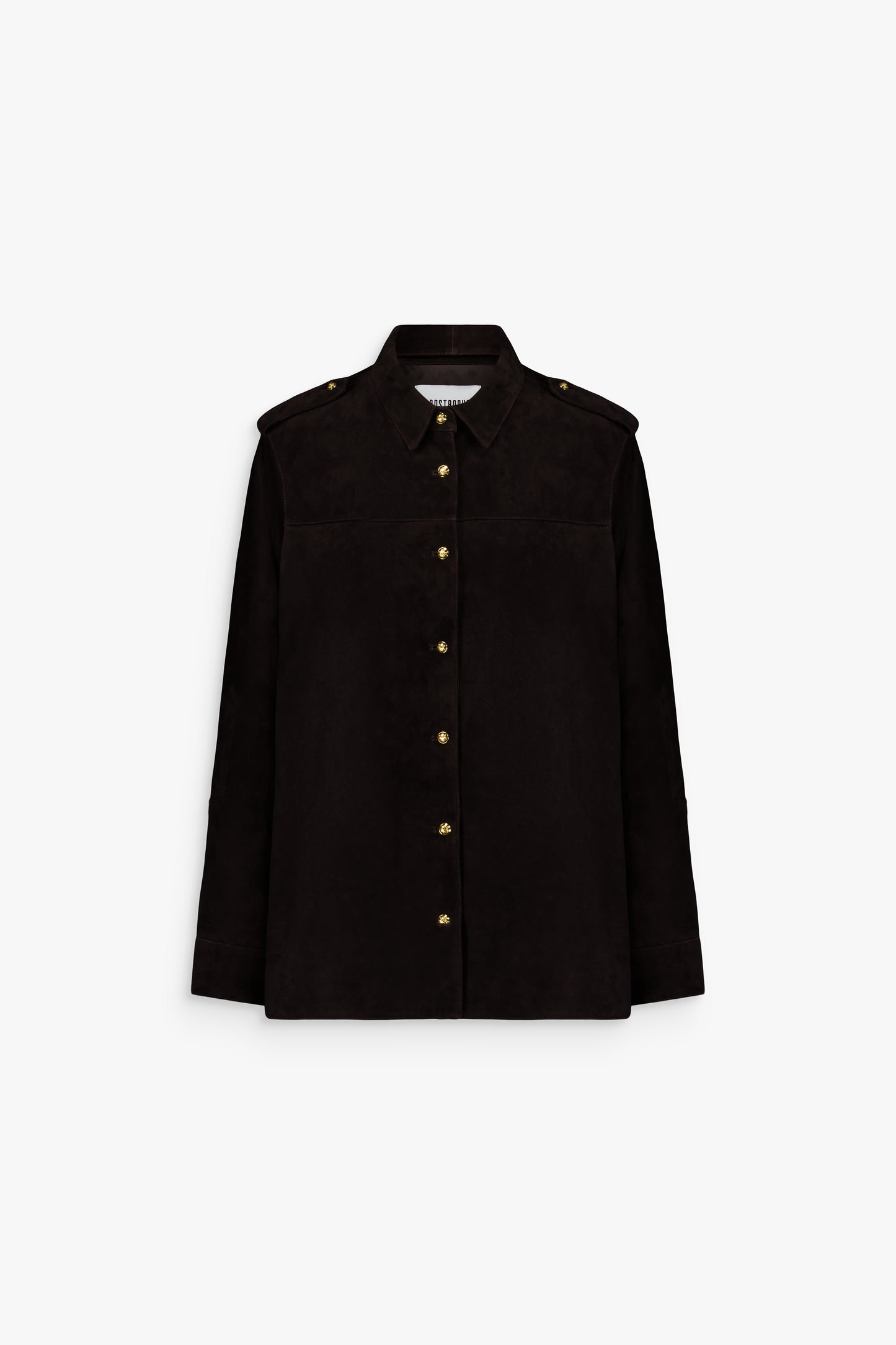 Blouson en daim ébène, coupe droite avec col classique et boutons dorés.