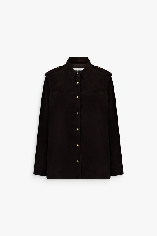 Blouson en daim ébène, coupe droite avec col classique et boutons dorés.