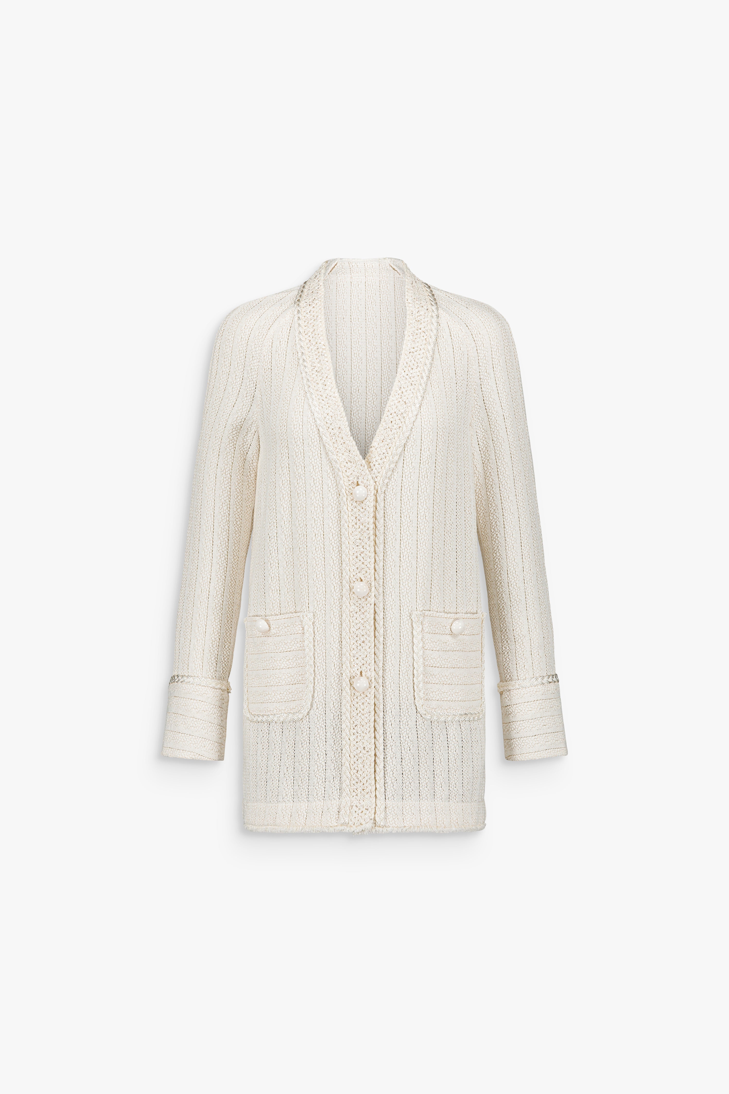 Cardigan blanc cassé en tweed macramé avec encolure en V et boutons brodés.
