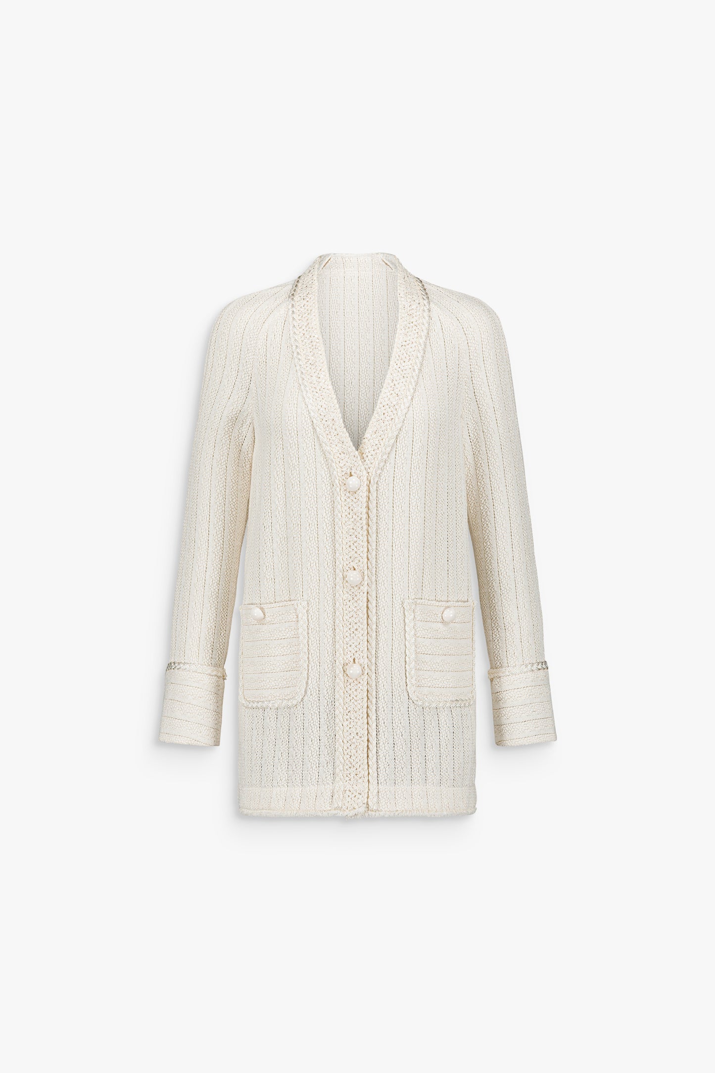 Cardigan blanc cassé en tweed macramé avec encolure en V et boutons brodés.