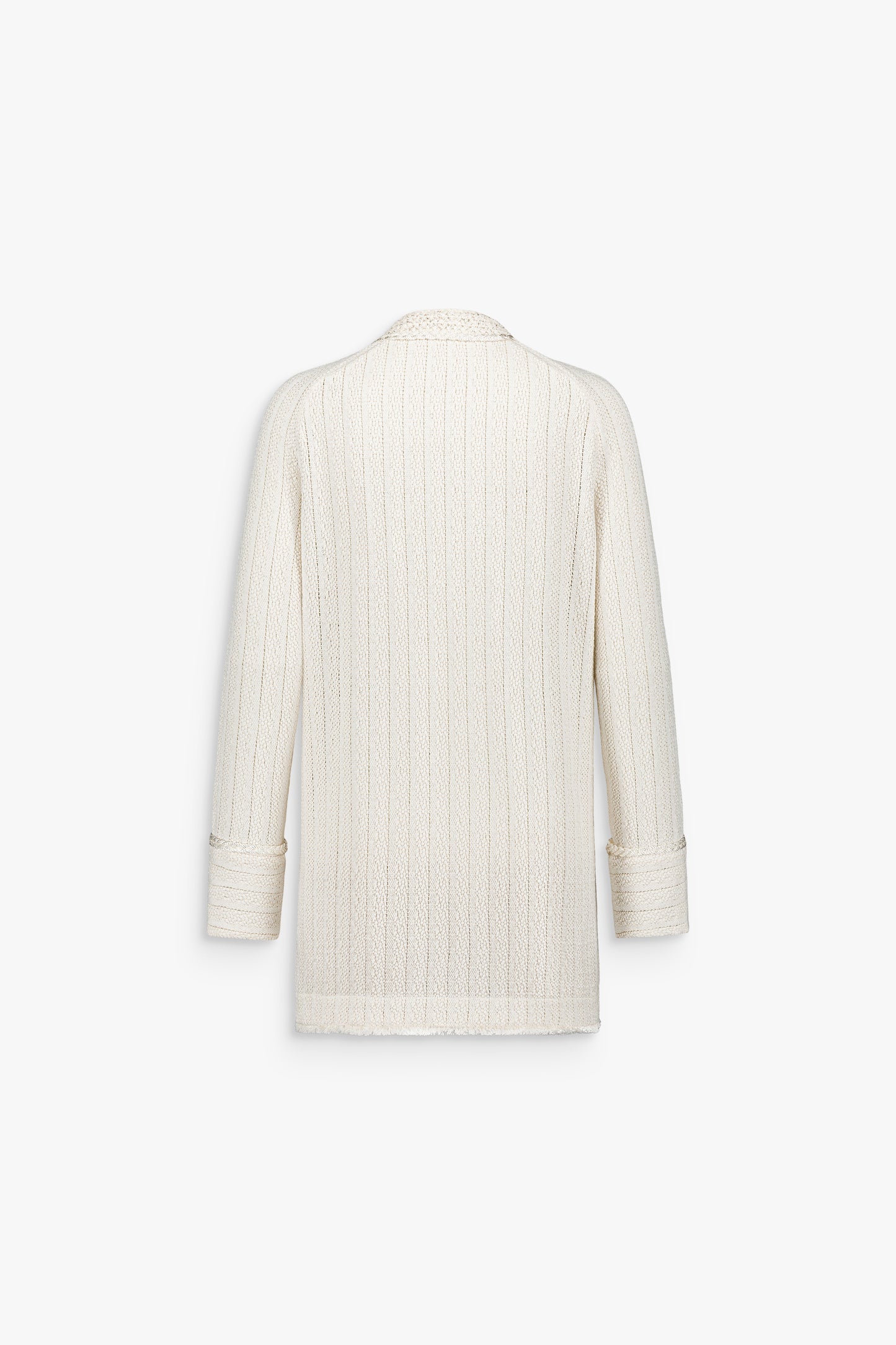 Cardigan femme blanc cassé structuré avec galons tressés et tissu texturé.