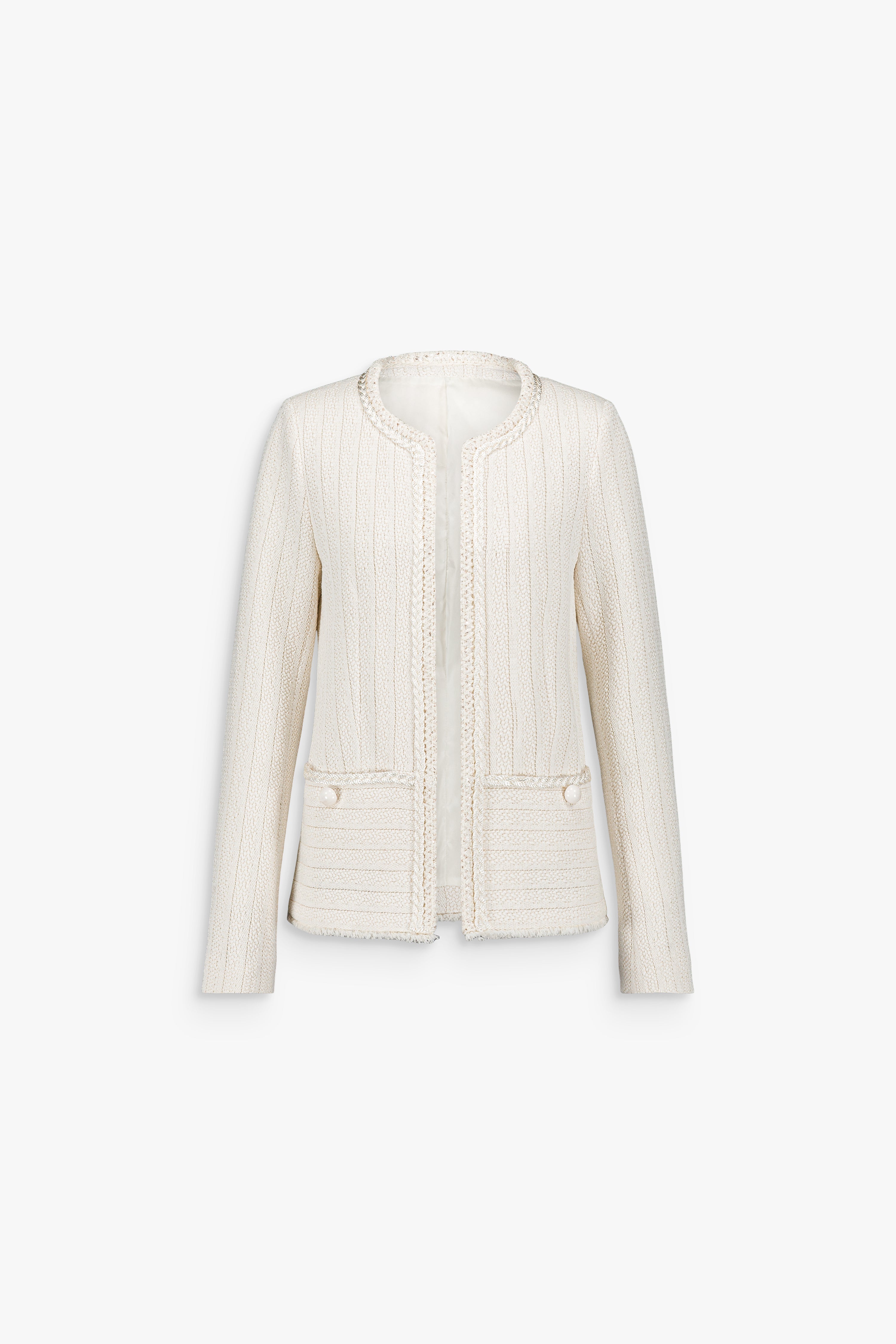 Veste blanc cassé en tweed macramé avec col rond et manches longues.