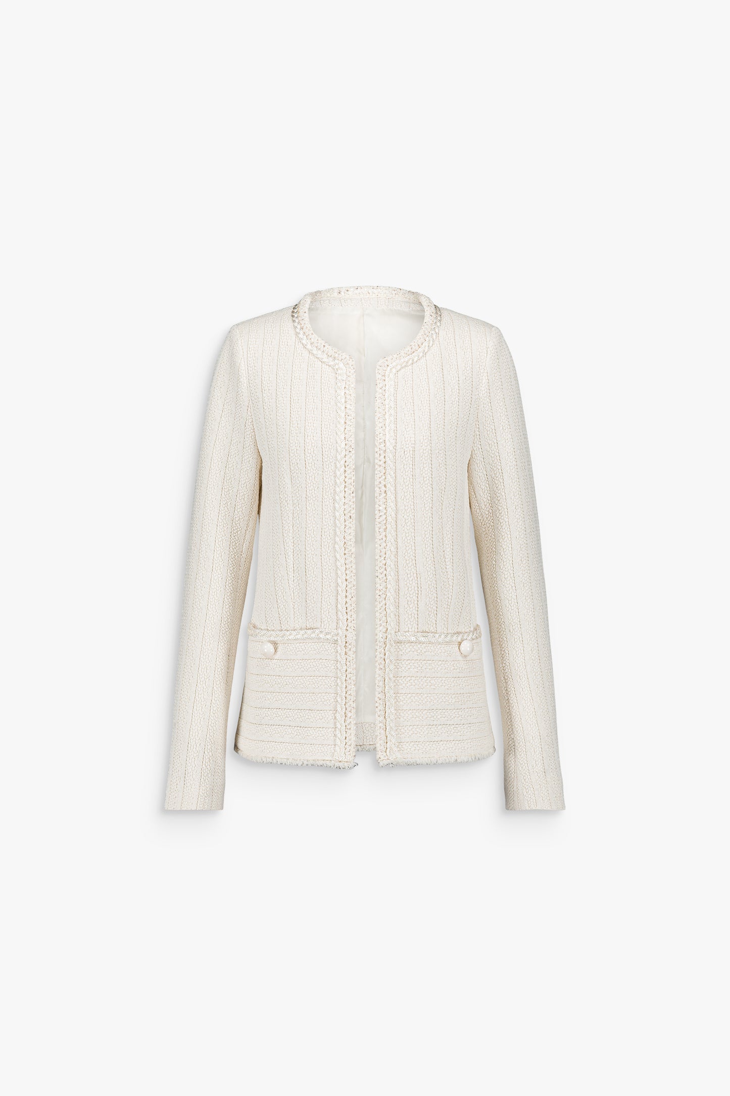 Veste blanc cassé en tweed macramé avec col rond et manches longues.