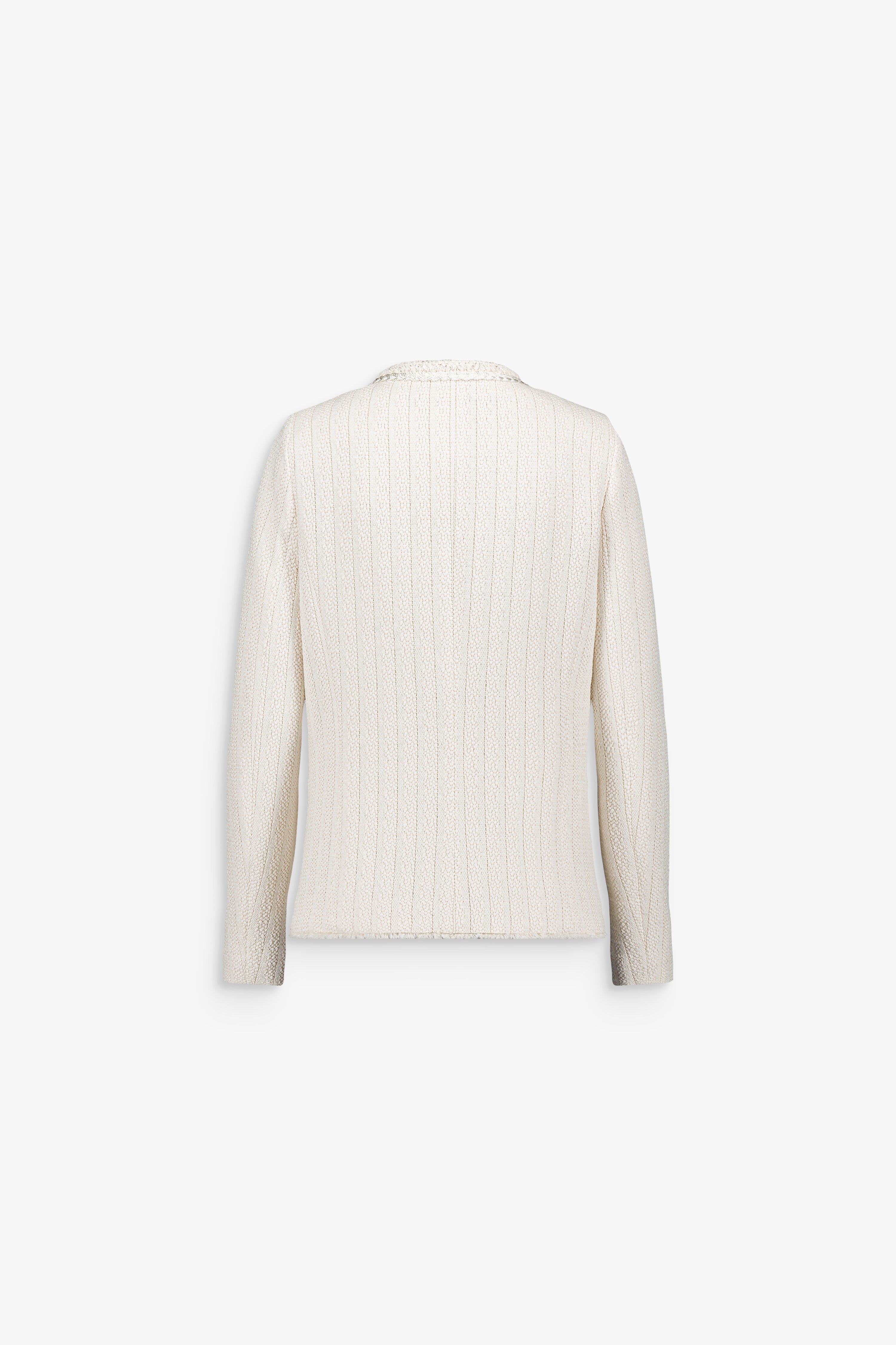 Veste femme blanc cassé à col rond avec détails tressés et tissu texturé.