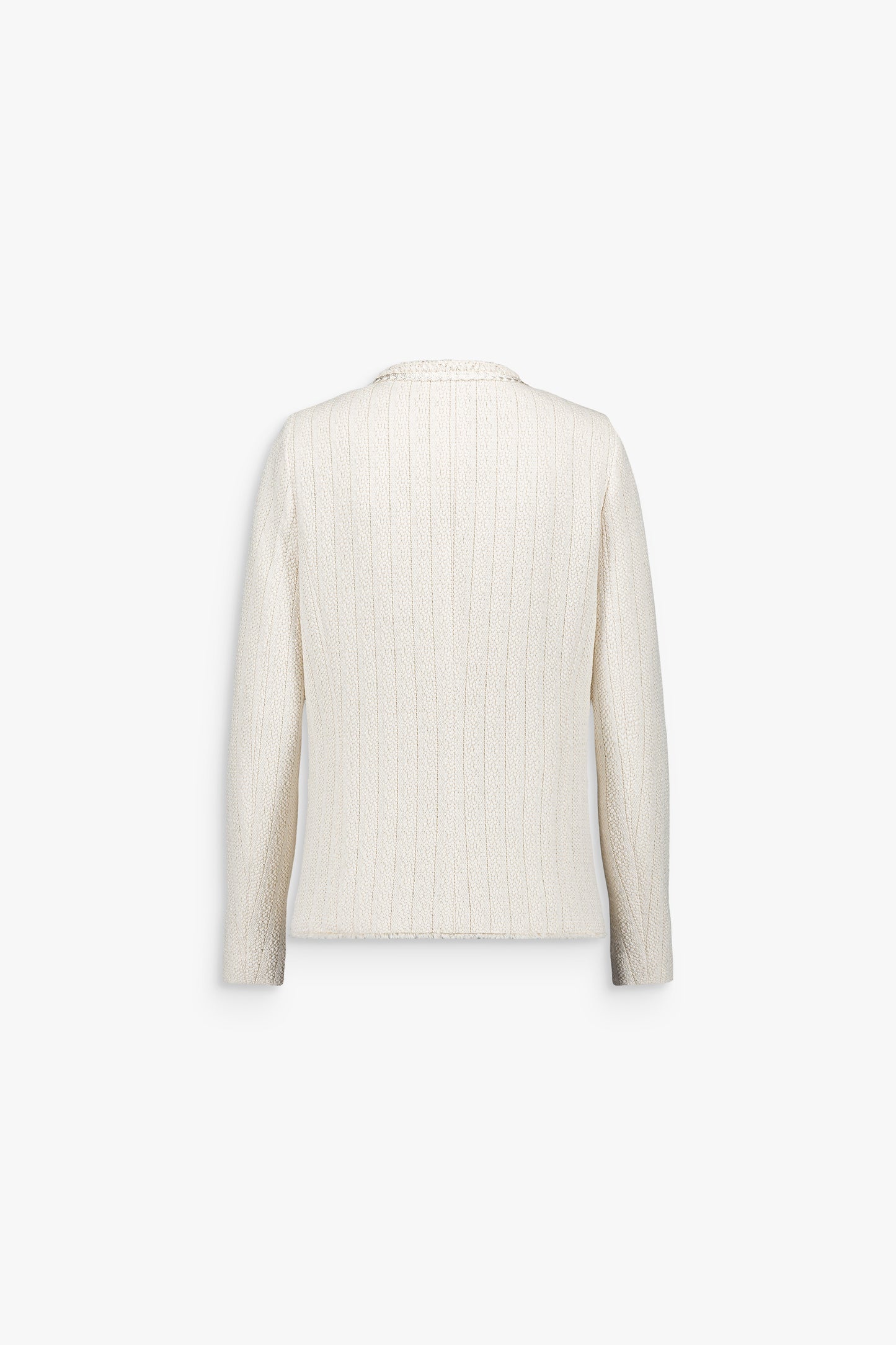 Veste femme blanc cassé à col rond avec détails tressés et tissu texturé.