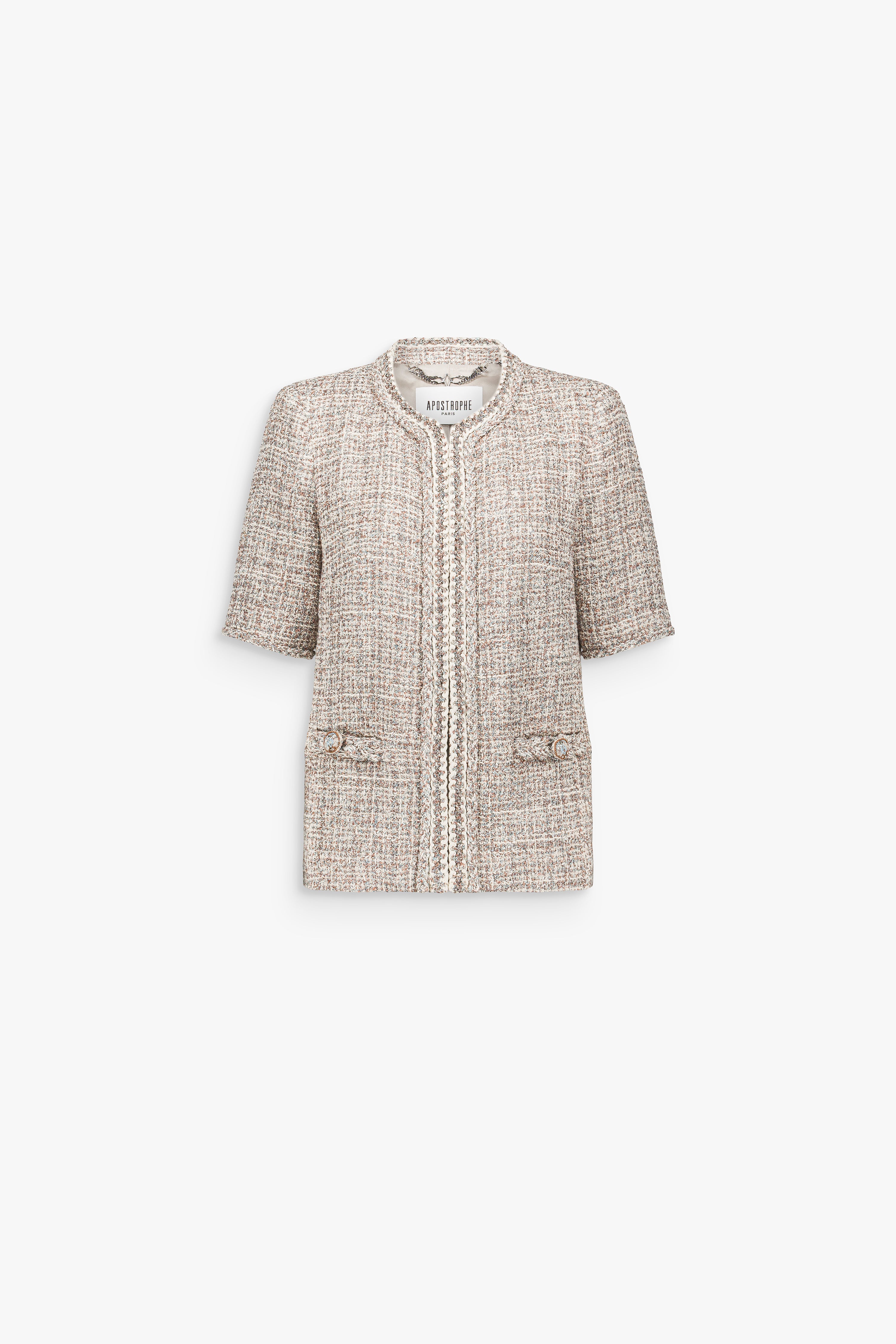 Veste courte en tweed multicolore, agrémentée de poches plaquées et de bordures tressées raffinées.