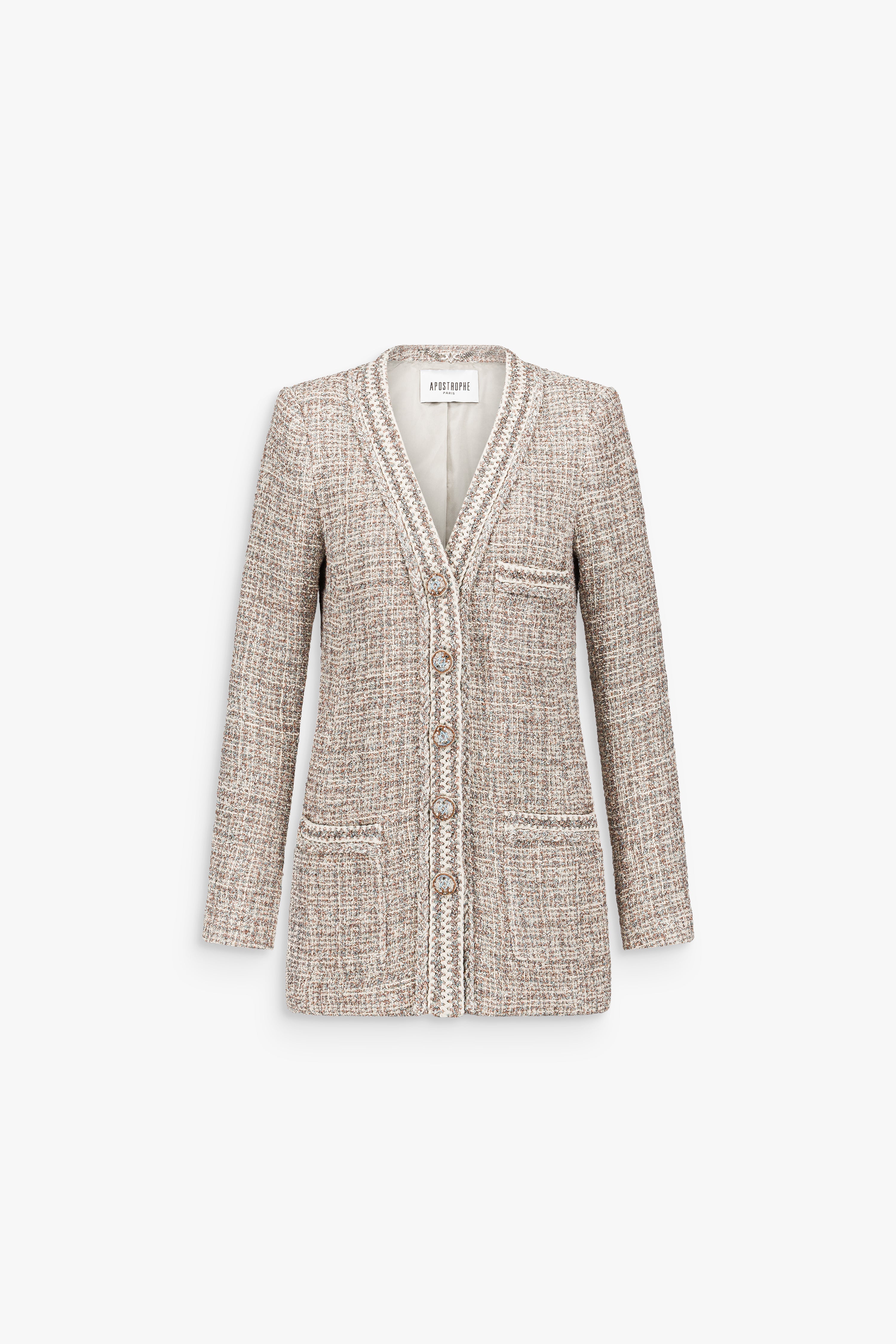 Veste en tweed texturé aux nuances fondues, dotée de trois poches plaquées et de finitions tressées raffinées.