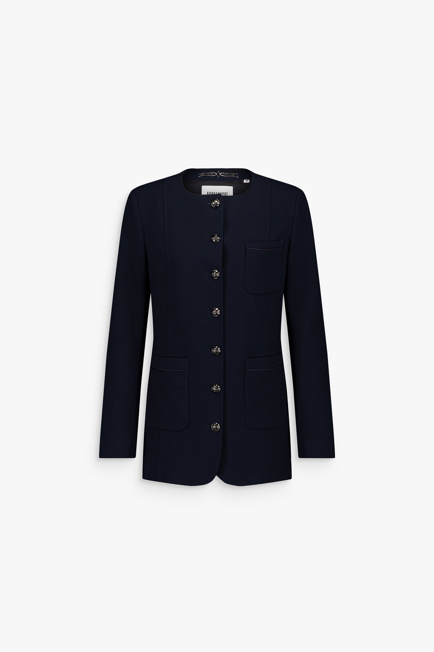 Veste marine à col rond avec boutons décoratifs et poches plaquées sur le devant.