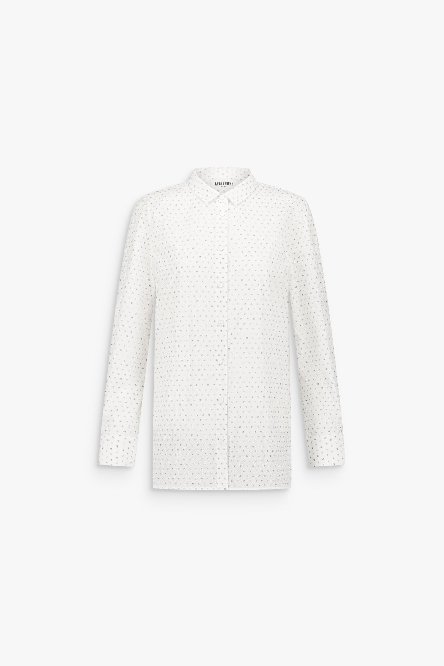 Chemise blanc cassé à imprimé géométrique discret, avec manches longues modulables et col classique.