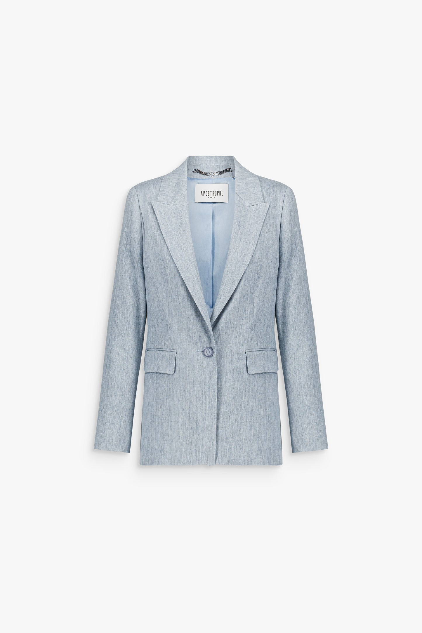 Veste bleu denim à col tailleur et simple boutonnage, confectionnée dans une toile de lin mélangée texturée.