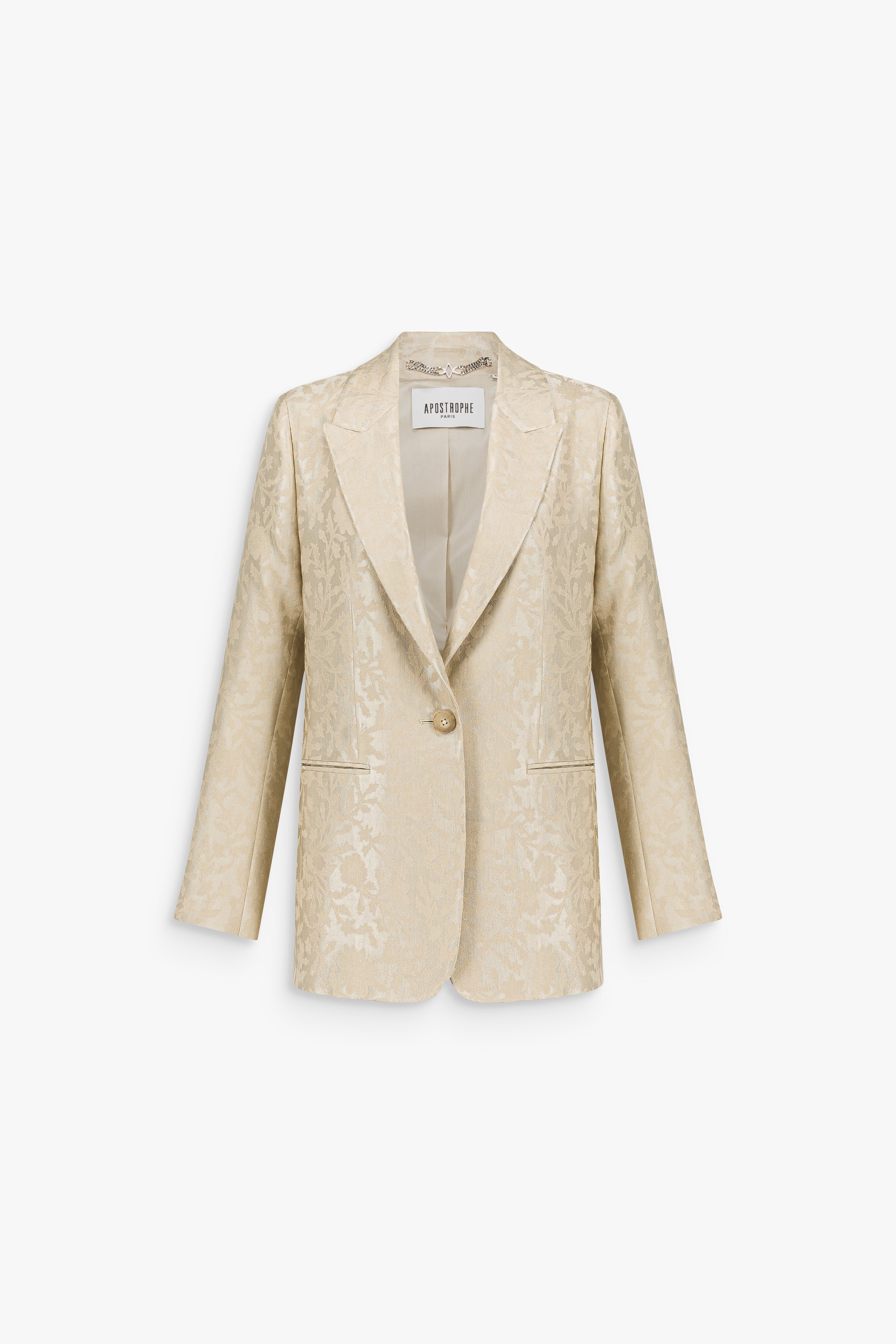 Veste tailleur en jacquard de lin floral, à simple boutonnage et coupe droite légèrement ajustée.