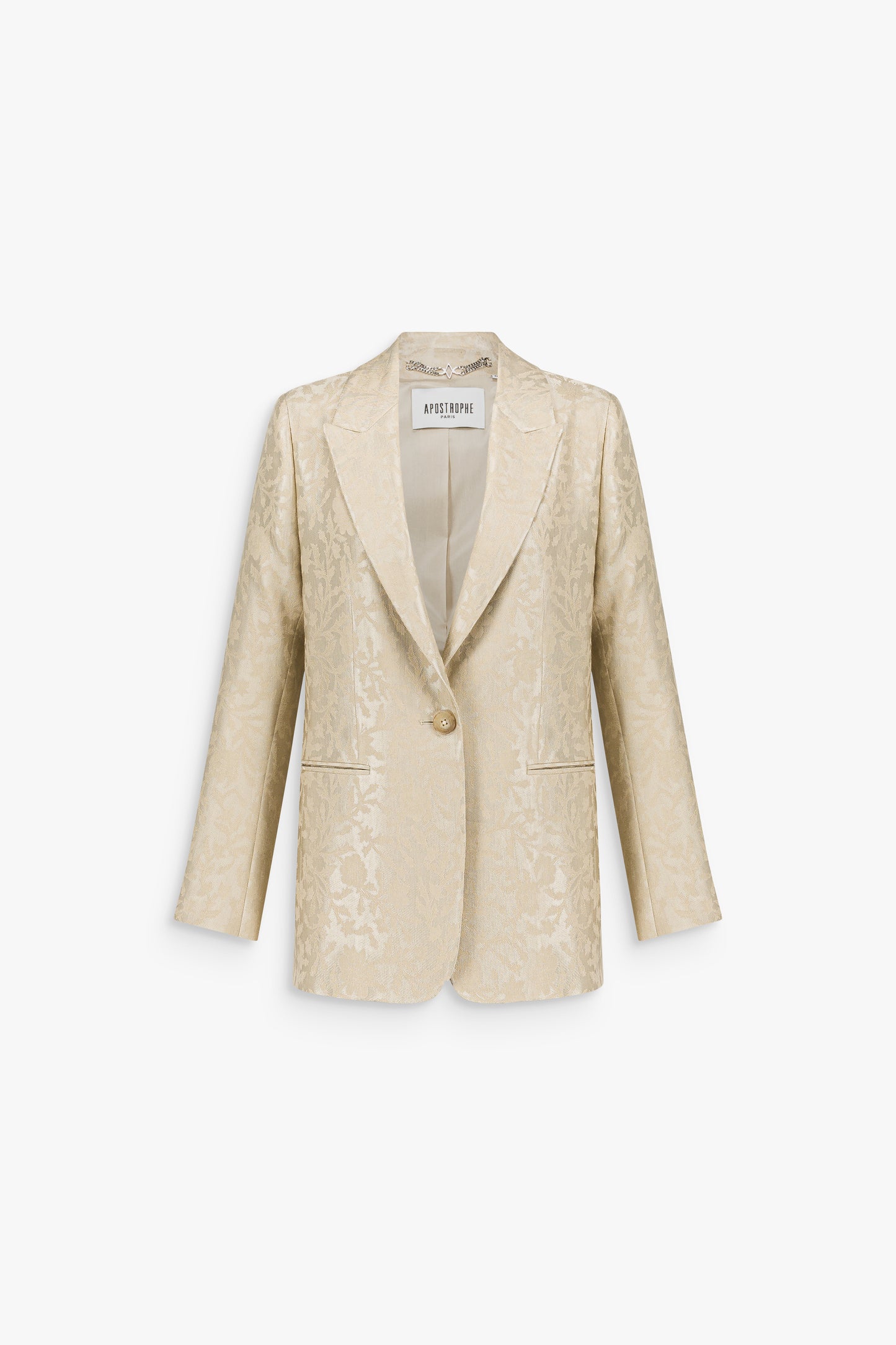 Veste tailleur en jacquard de lin floral, à simple boutonnage et coupe droite légèrement ajustée.