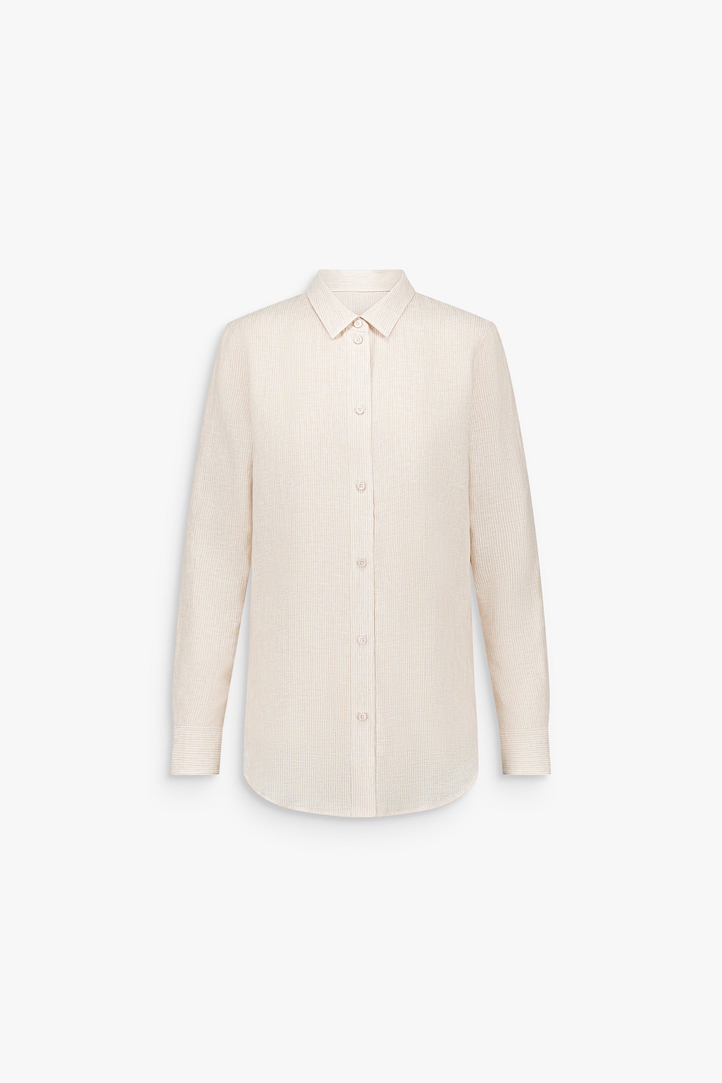 Chemise réversible en lin à rayures discrètes, avec col classique et manches longues.