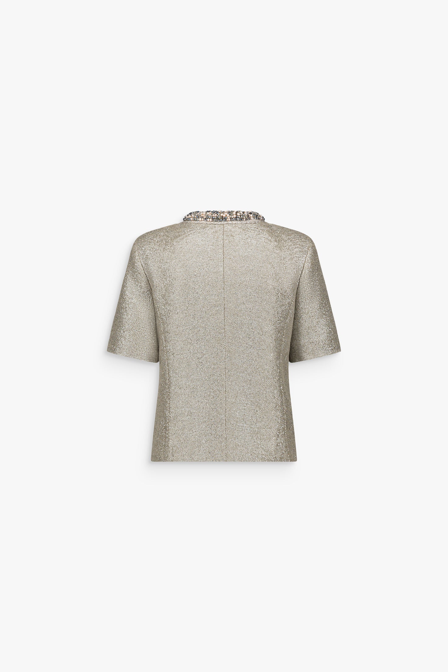 Veste argent en jersey lamé à manches courtes avec ligne droite et dos épuré.