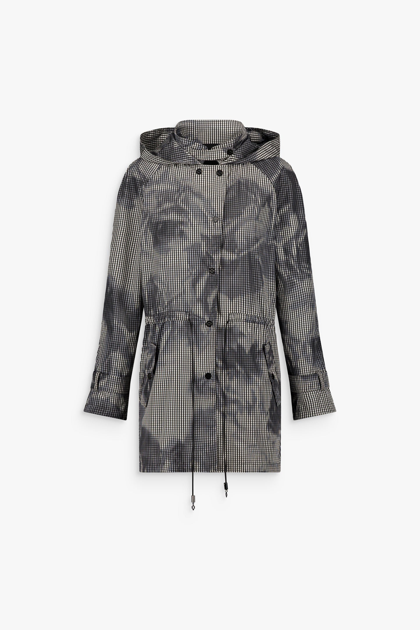 Parka courte à motif vichy noir et blanc avec capuche et fermeture boutonnée.