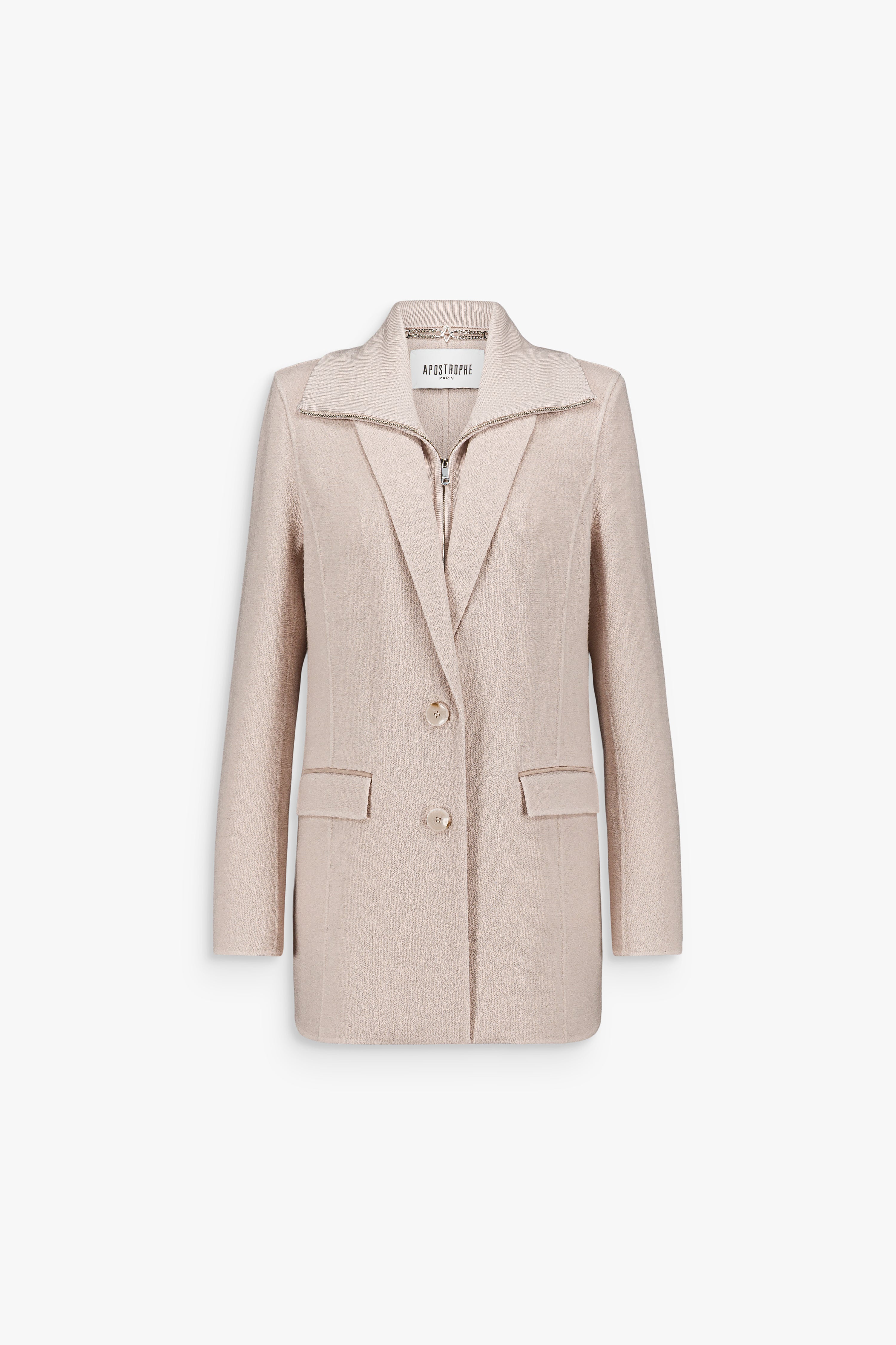 Veste femme couleur béton en crêpe double face avec col tailleur et fermeture boutonnée.