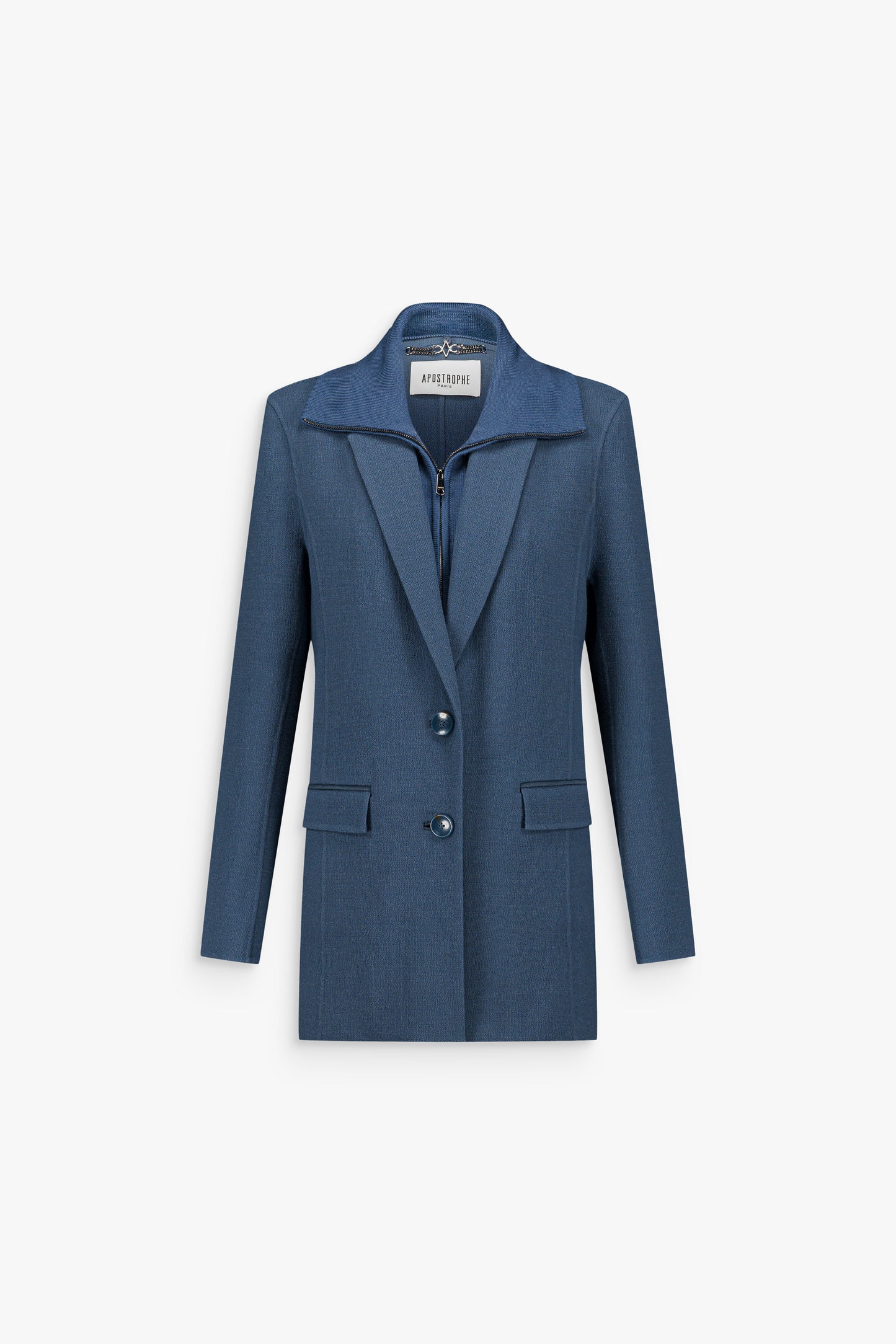 Veste tailleur bleu denim double face à col zippé