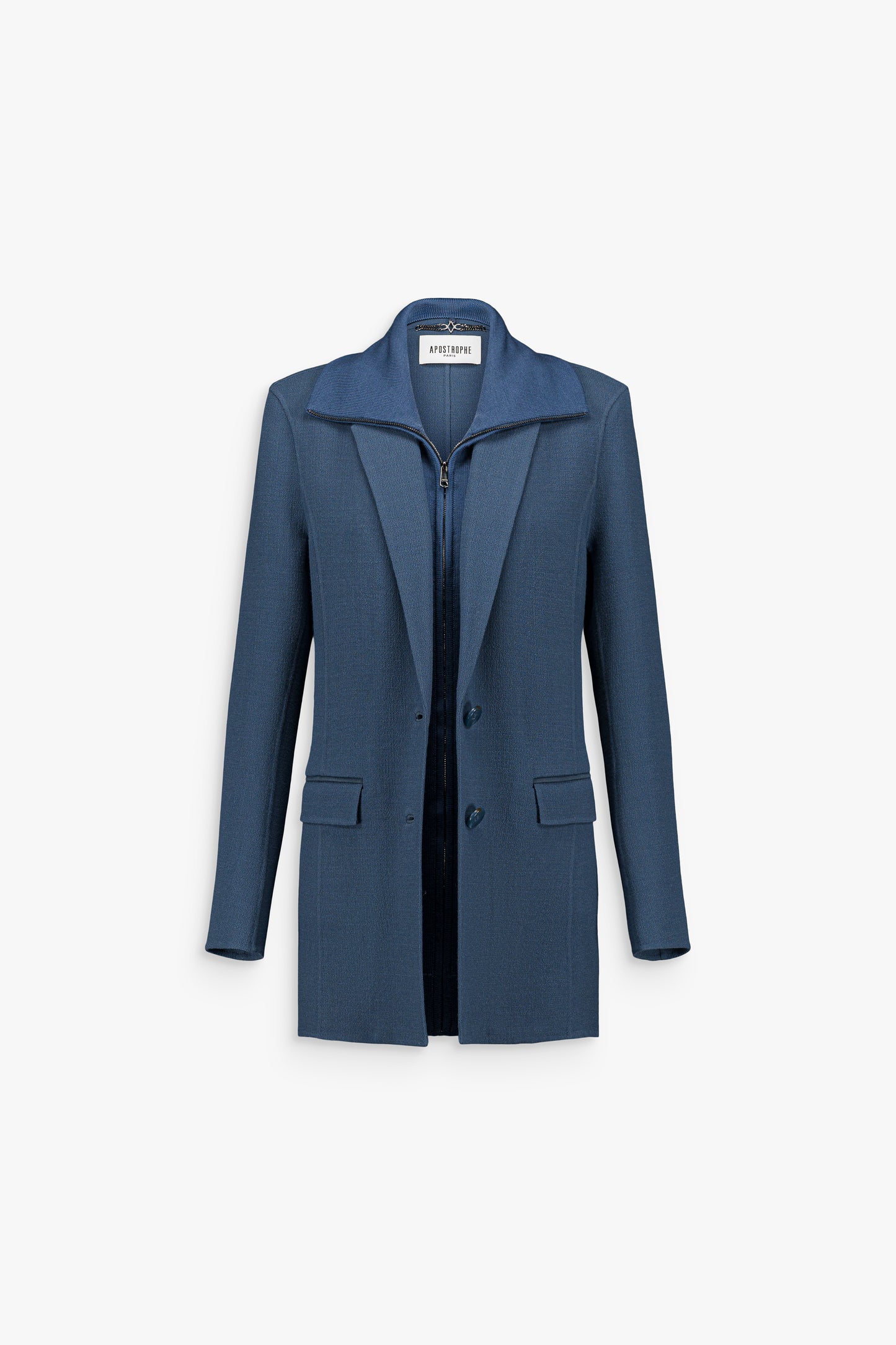 Veste tailleur bleu denim double face à col zippé