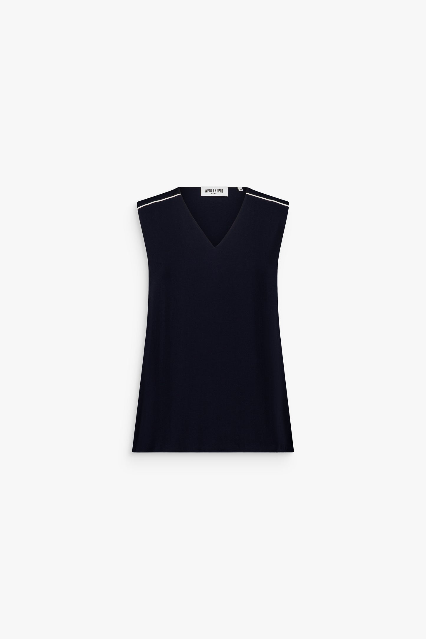 Blouse marine sans manches à encolure en V et coupe droite.