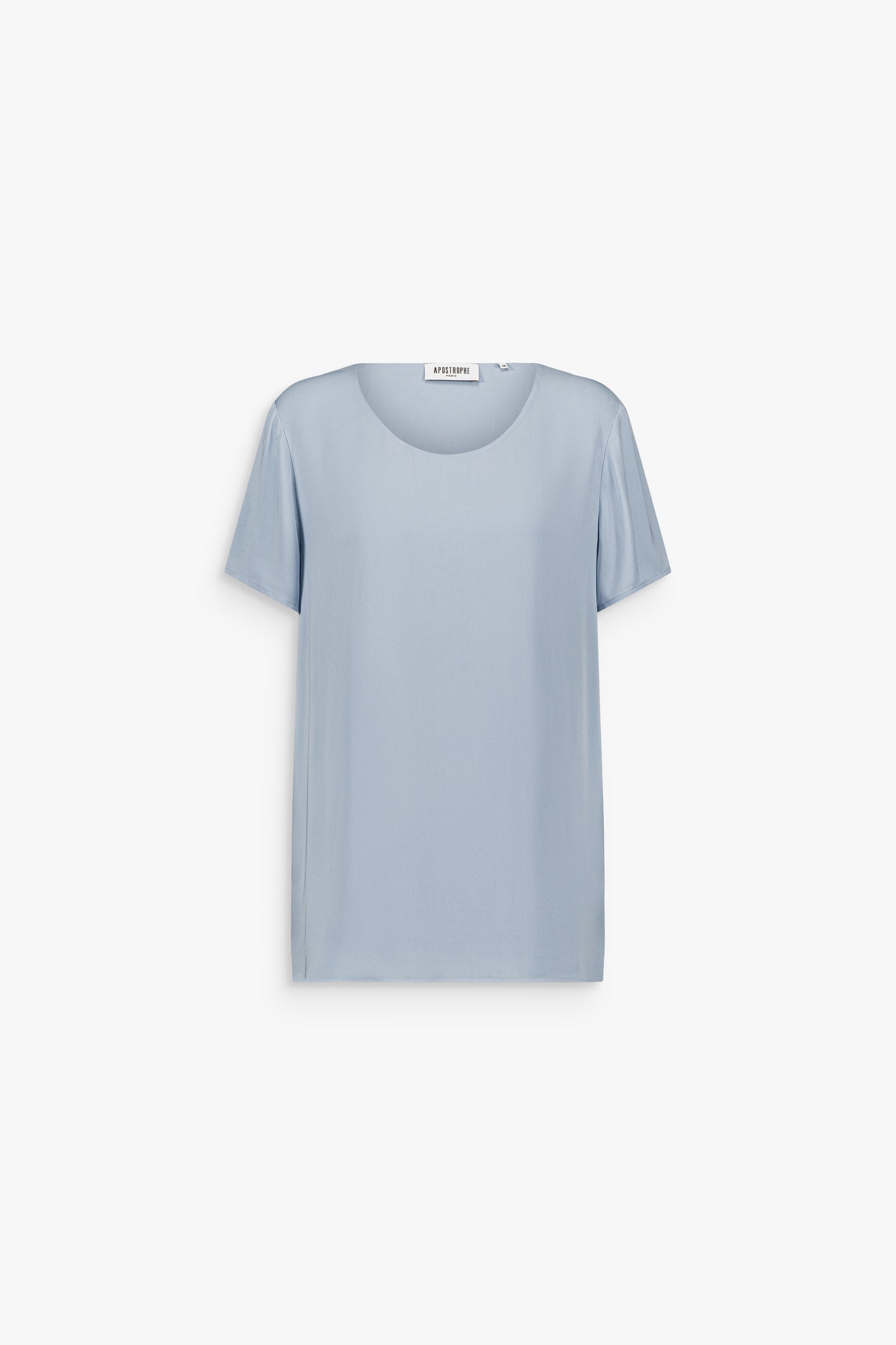 Blouse bleu denim fluide avec encolure ronde et manches courtes, coupe épurée.