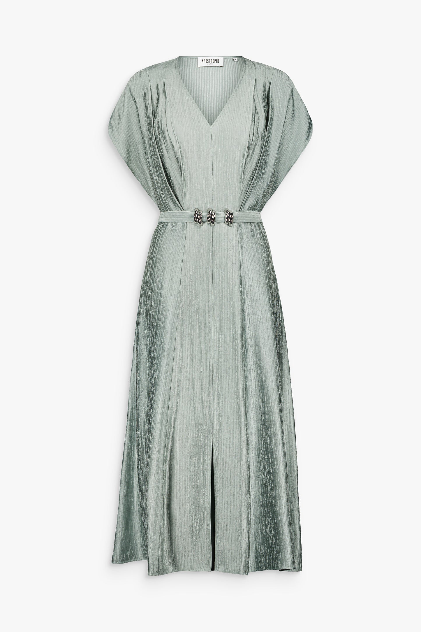 Robe longue sauge texturée avec encolure en V, manches courtes et ceinture à la taille.