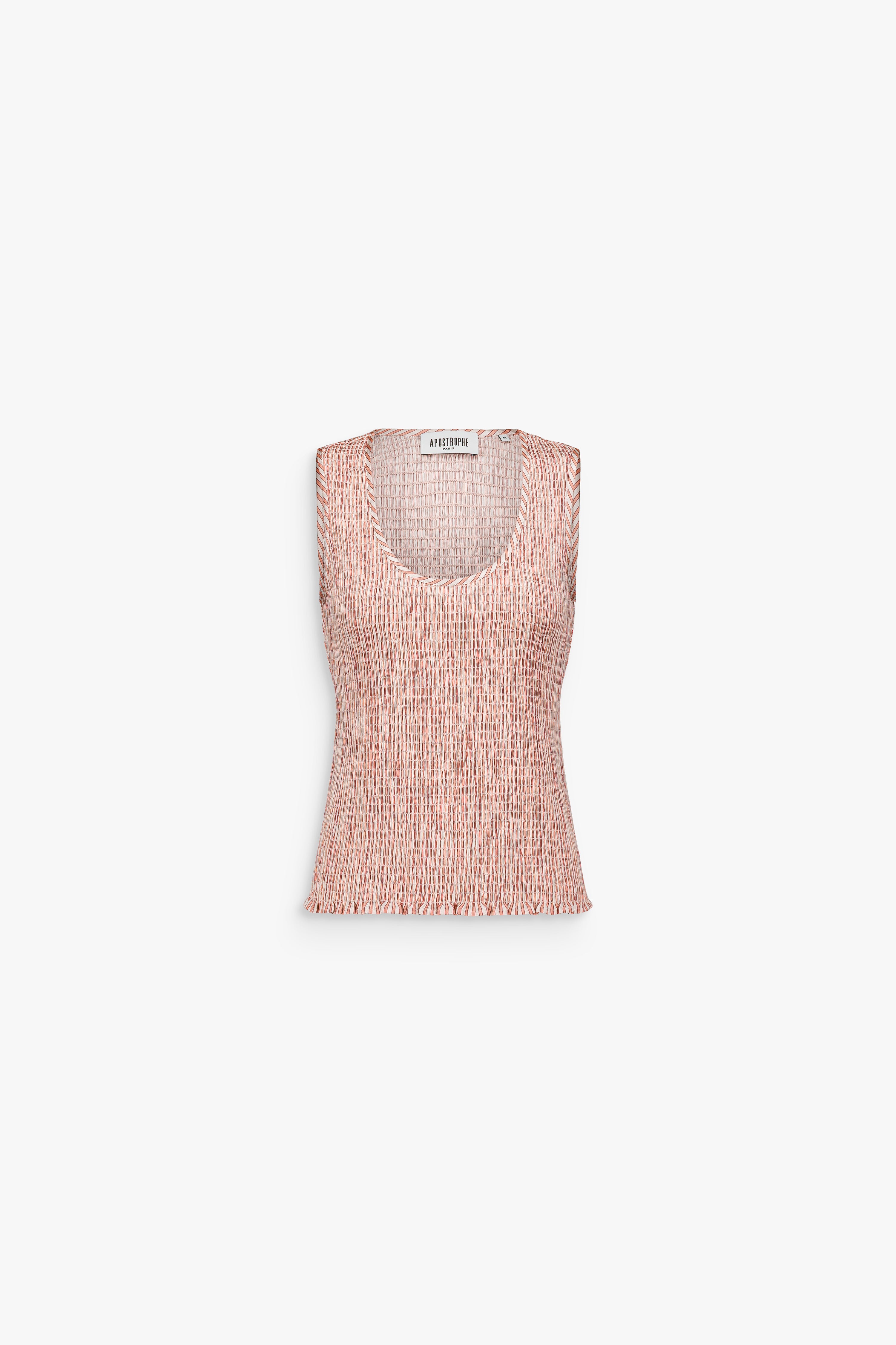 Top sans manches vieux rose texturé, encolure arrondie et surface à effet froissé.