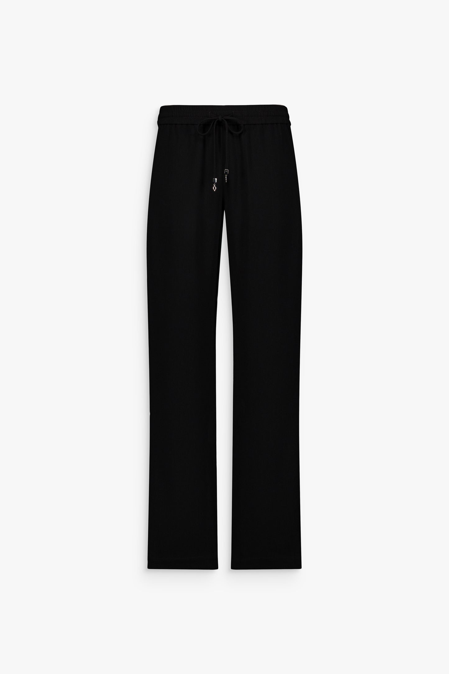Pantalon droit noir à taille élastiquée avec lien de serrage ton sur ton.