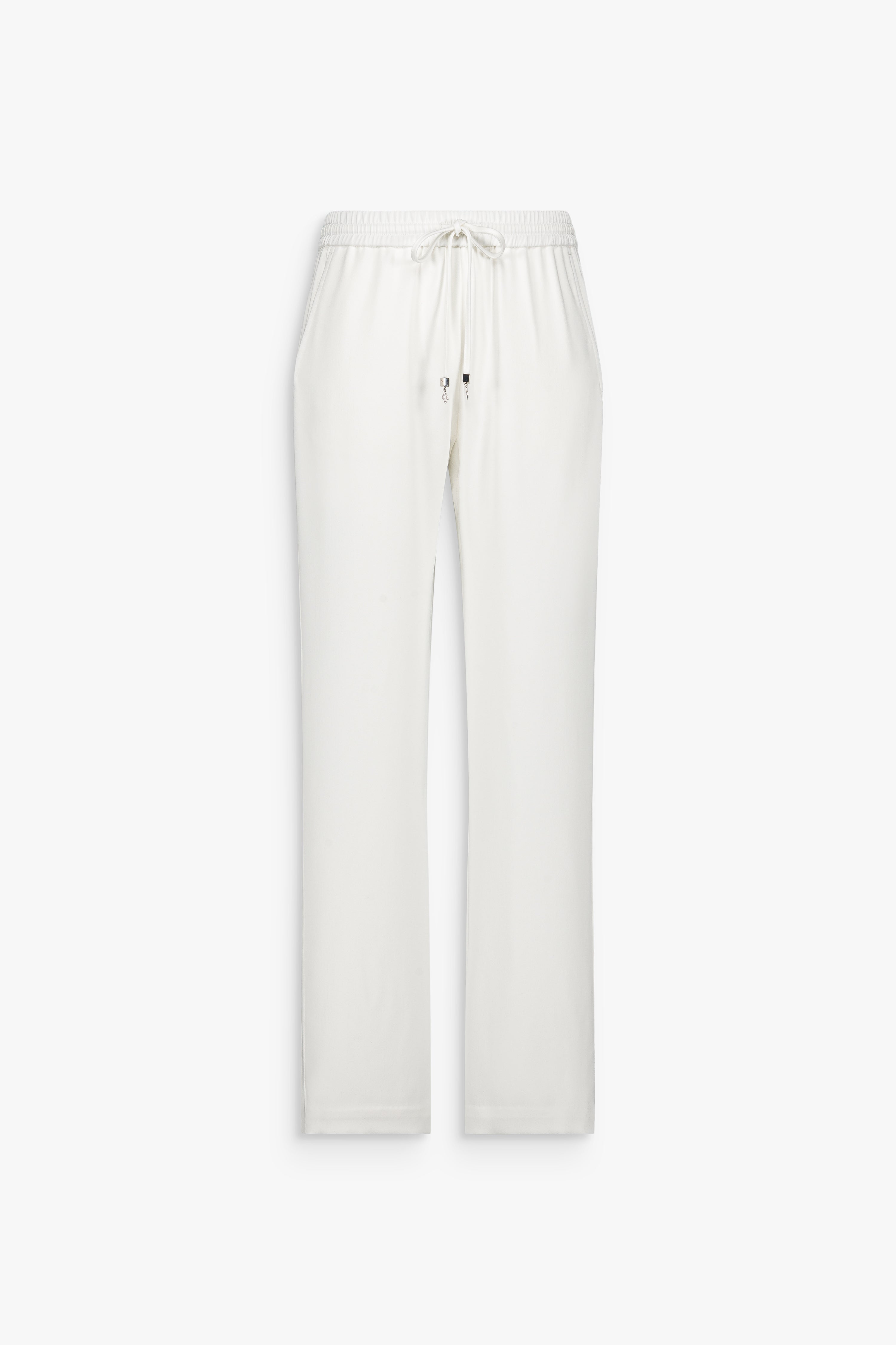 Pantalon droit blanc cassé à taille élastiquée avec lien de serrage ton sur ton.