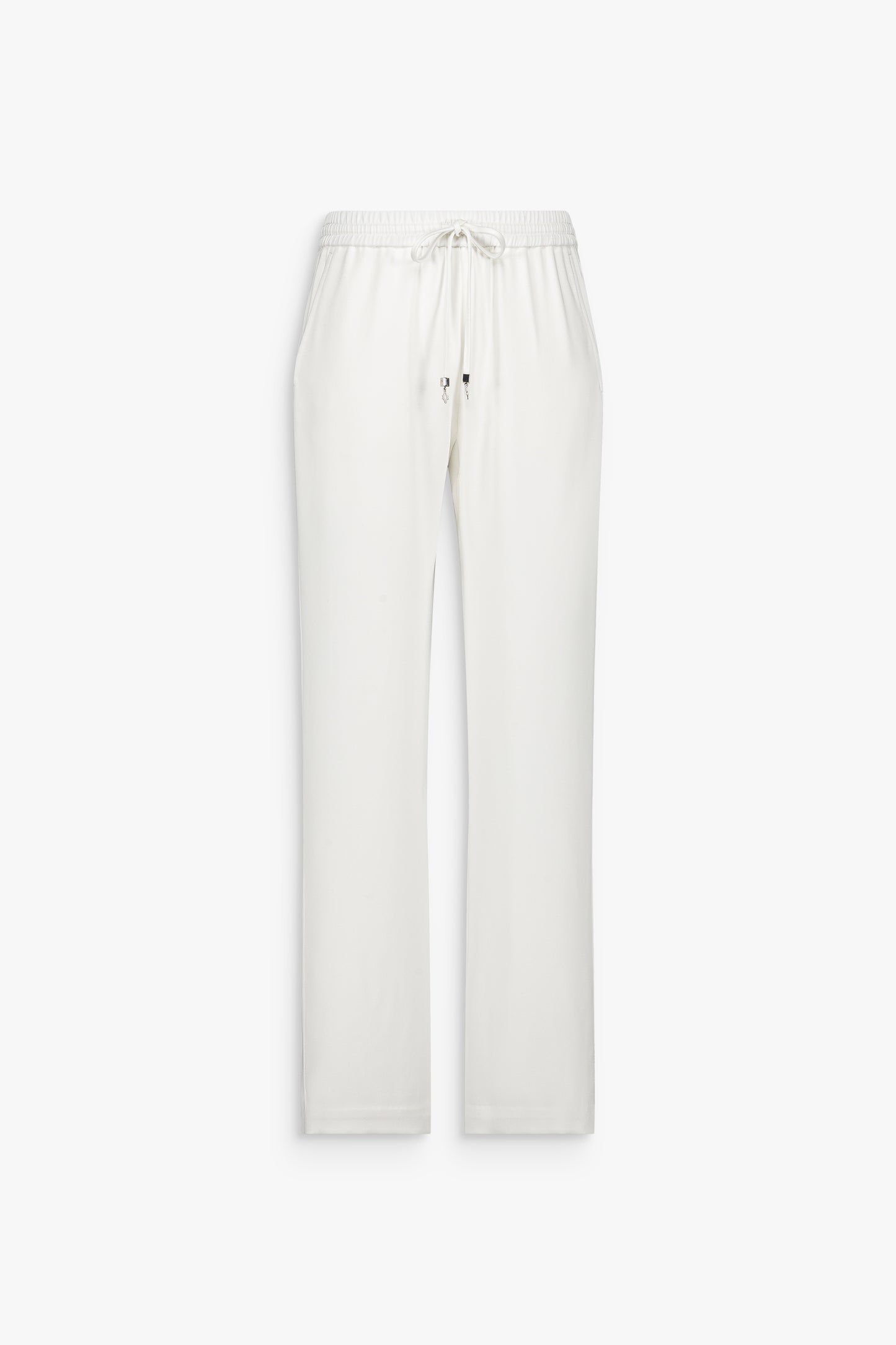 Pantalon droit blanc cassé à taille élastiquée avec lien de serrage ton sur ton.