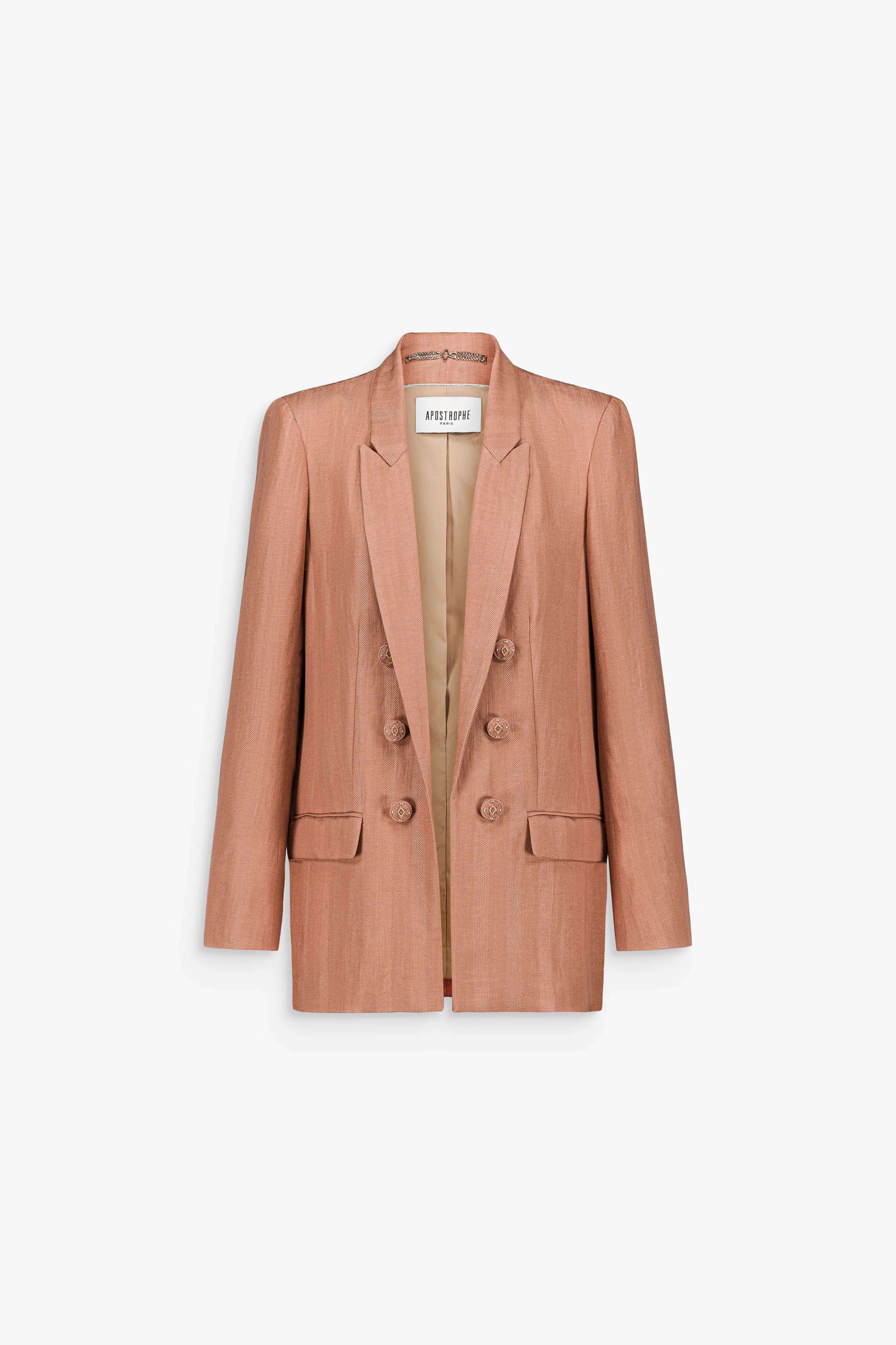 Veste en lin mélangé jaune clair à coupe droite avec col tailleur structuré.