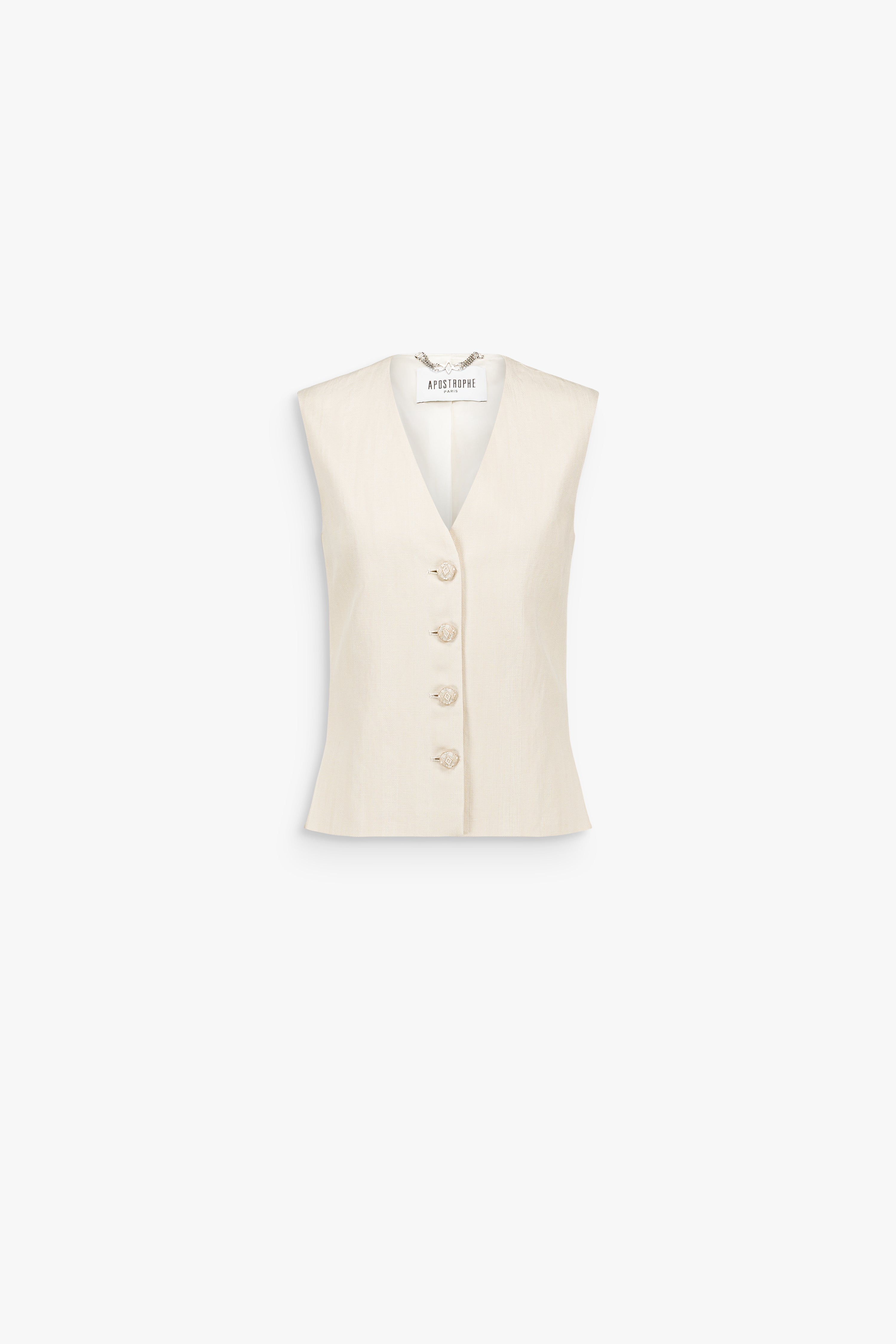 Gilet en lin mélangé à coupe ajustée, avec col en V et boutonnage apparent.