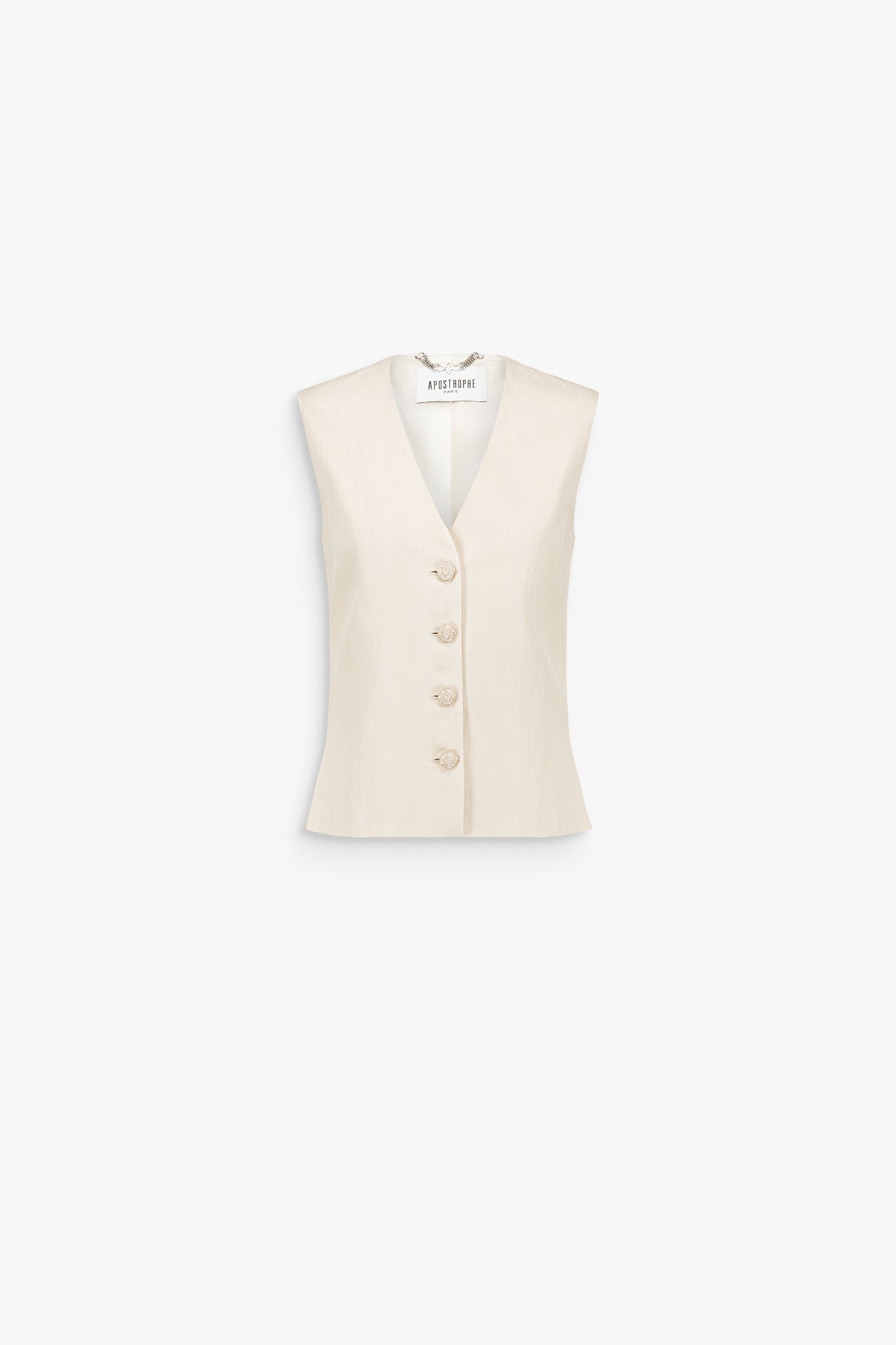 Gilet en lin mélangé à coupe ajustée, avec col en V et boutonnage apparent.