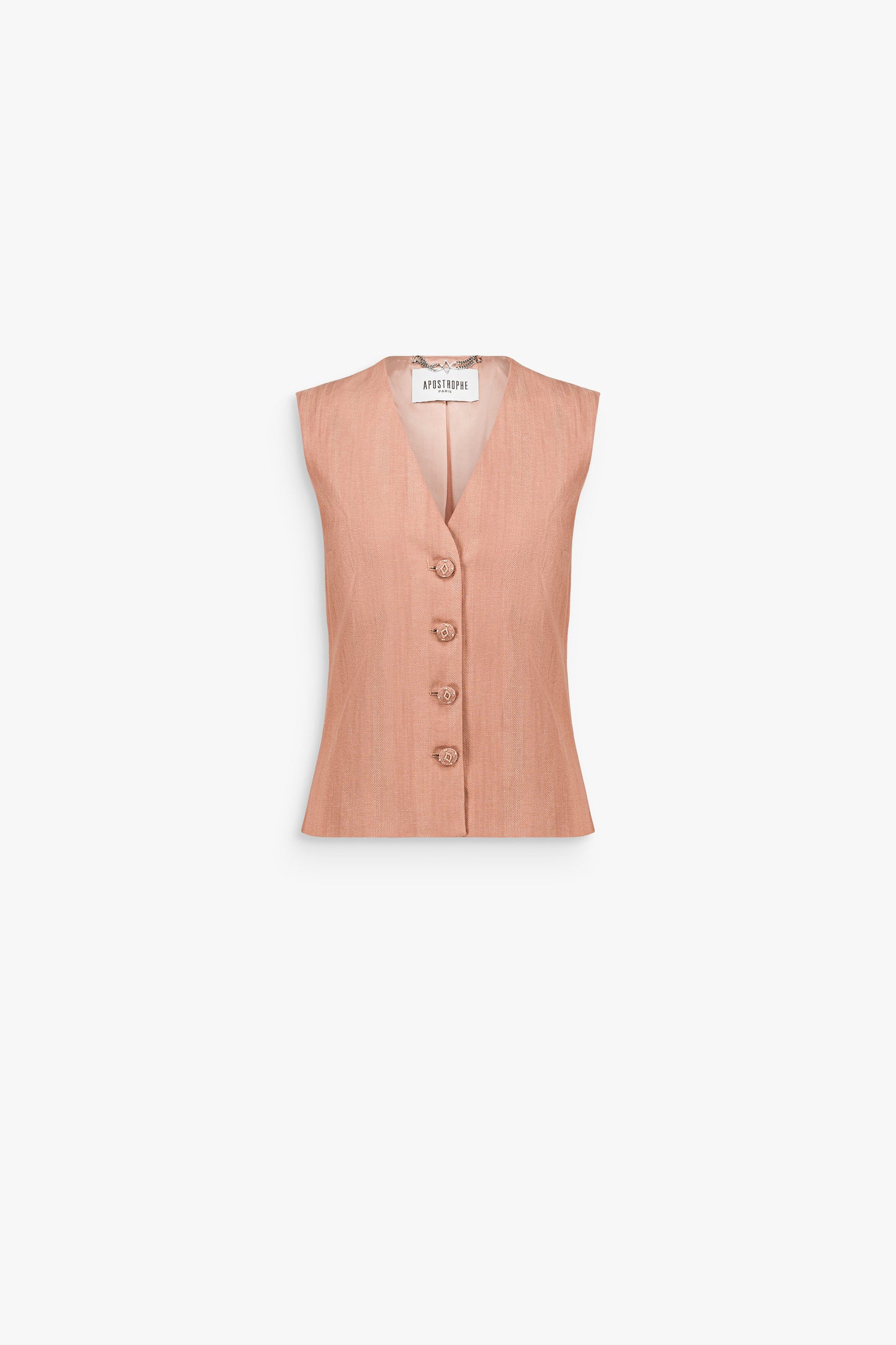 Gilet tailleur rose vieilli à col en V et coupe ajustée, structuré par un boutonnage apparent.
