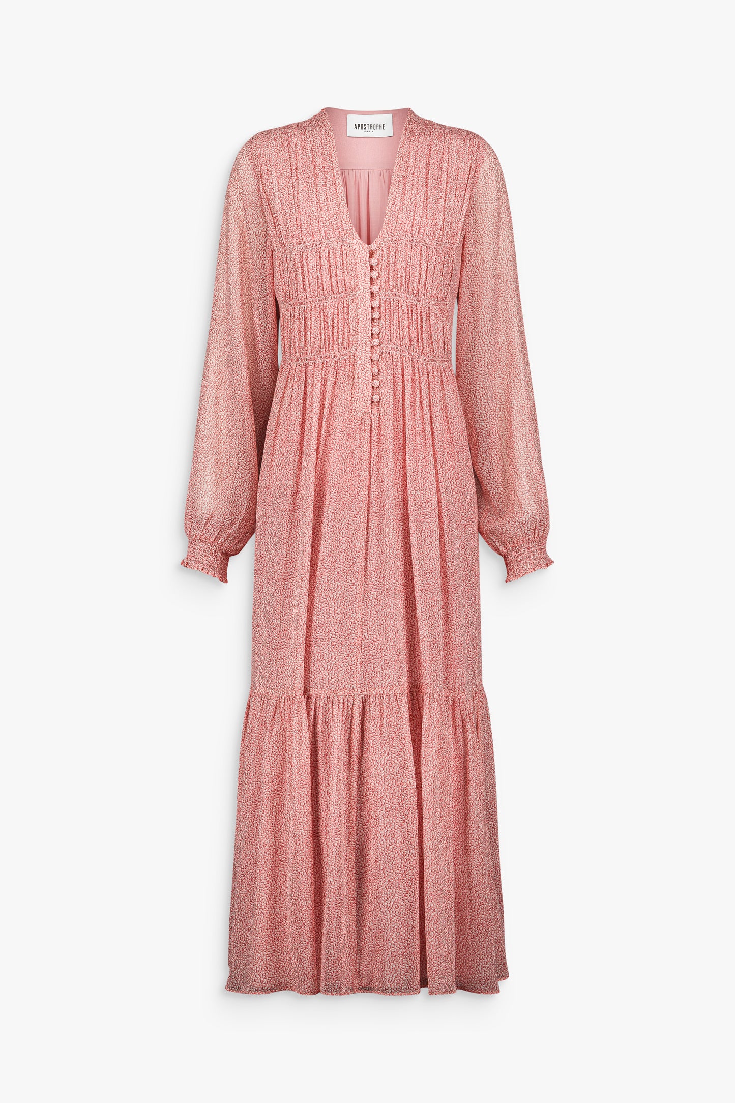 Robe longue à imprimé organique avec encolure en V et taille smockée.