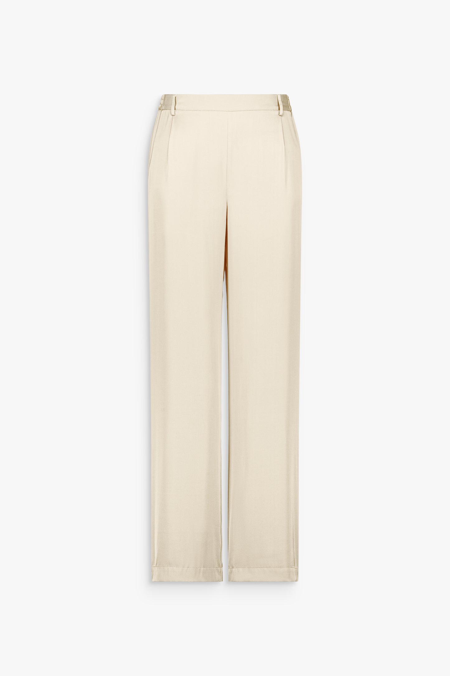 Pantalon droit en soie jaune clair avec taille froncée et ligne fluide.
