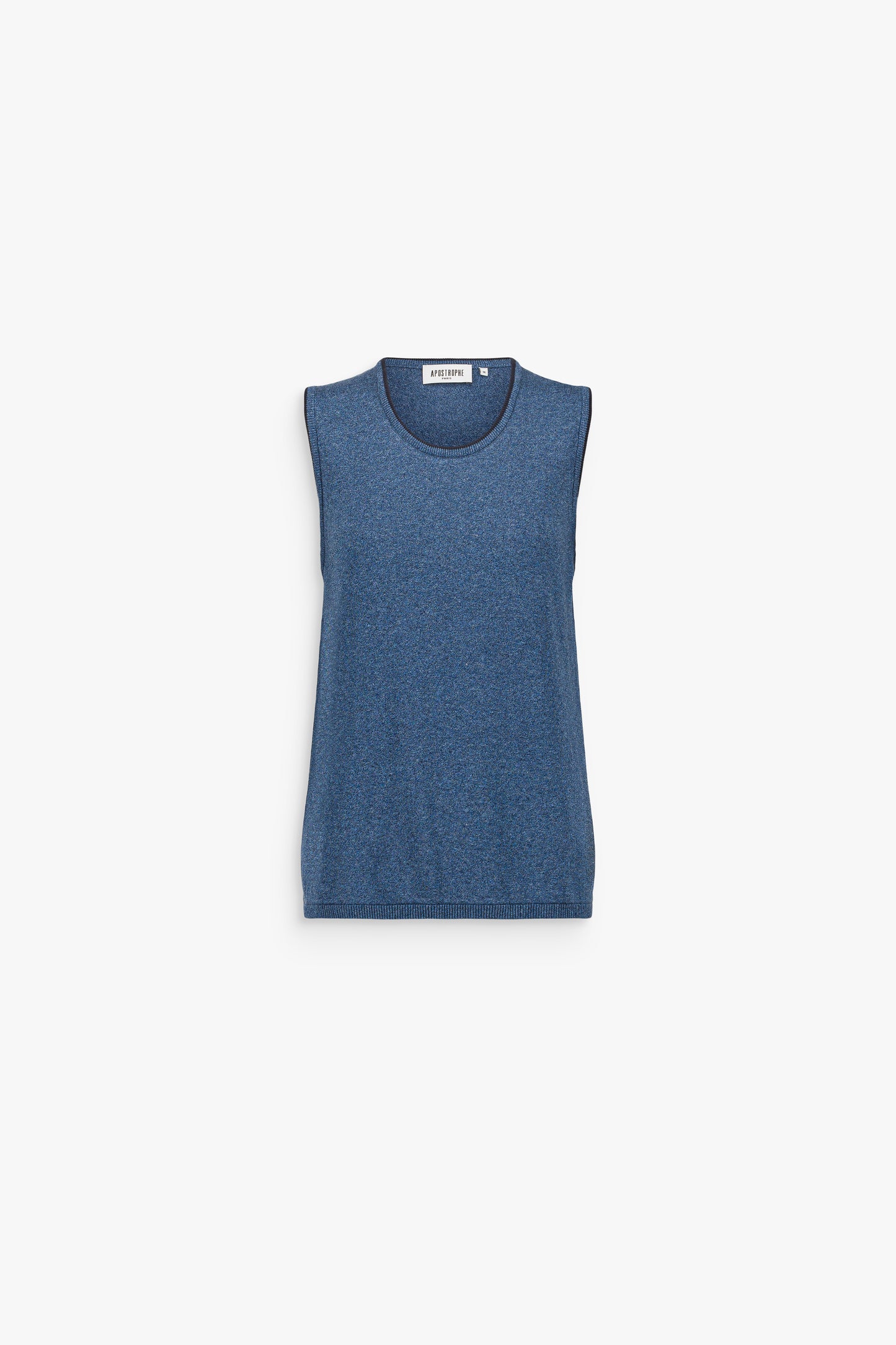 Débardeur bleu denim en coton à maille fine, à la silhouette simple et structurée.