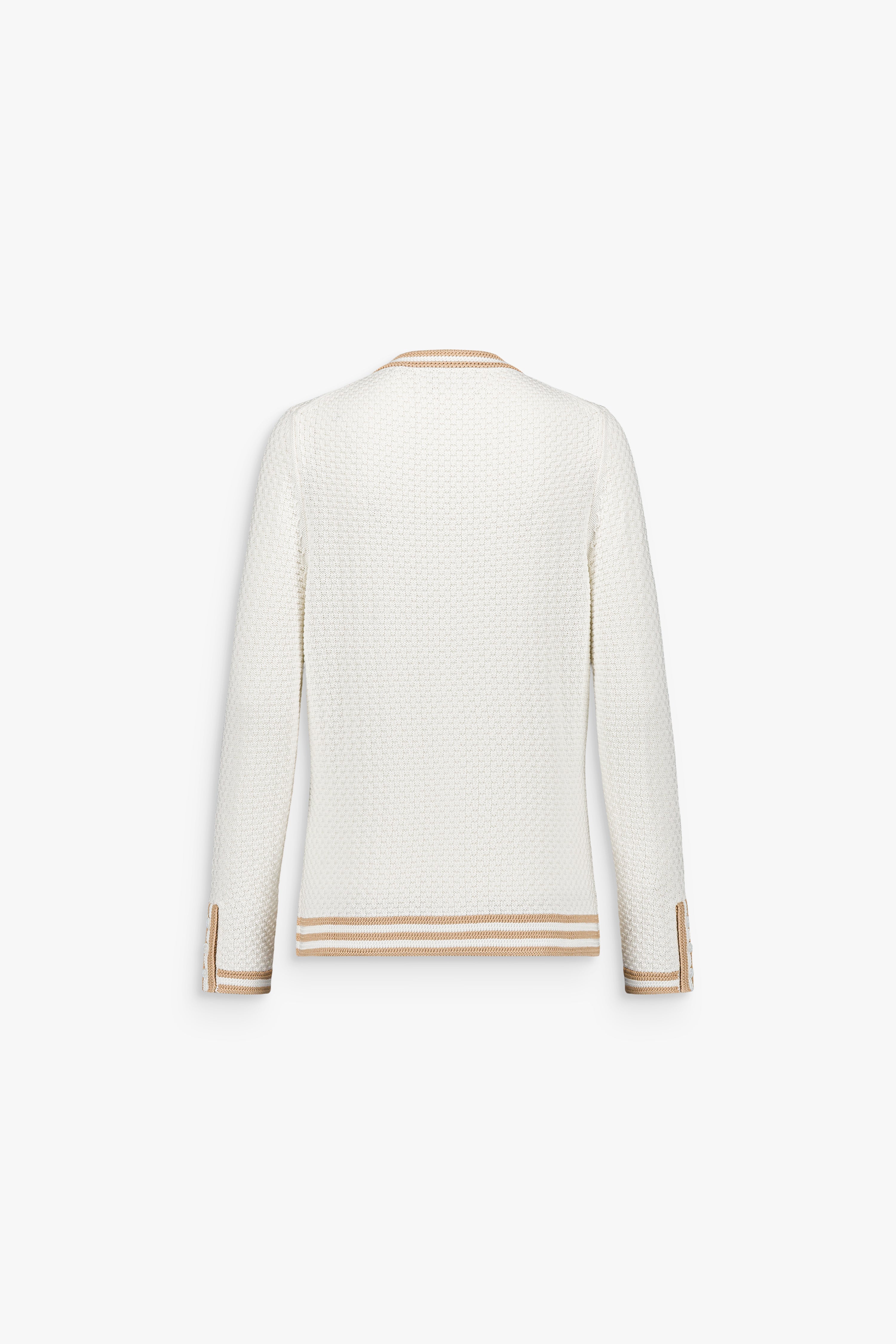 Cardigan en coton beige moyen à maille relief avec poches passepoilées et bordures rayées.