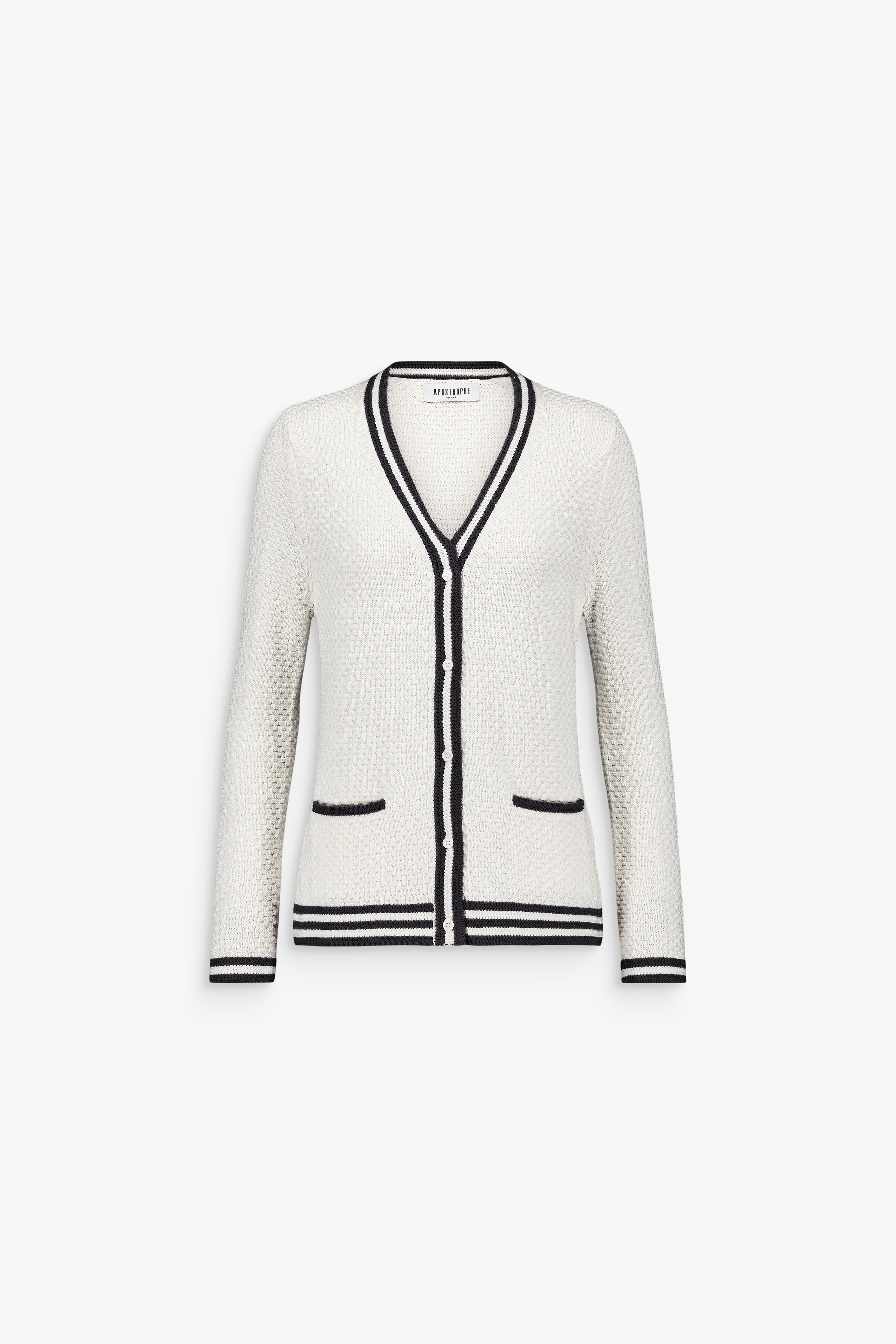 Cardigan en coton à maille texturée avec col V et finitions rayées contrastées.