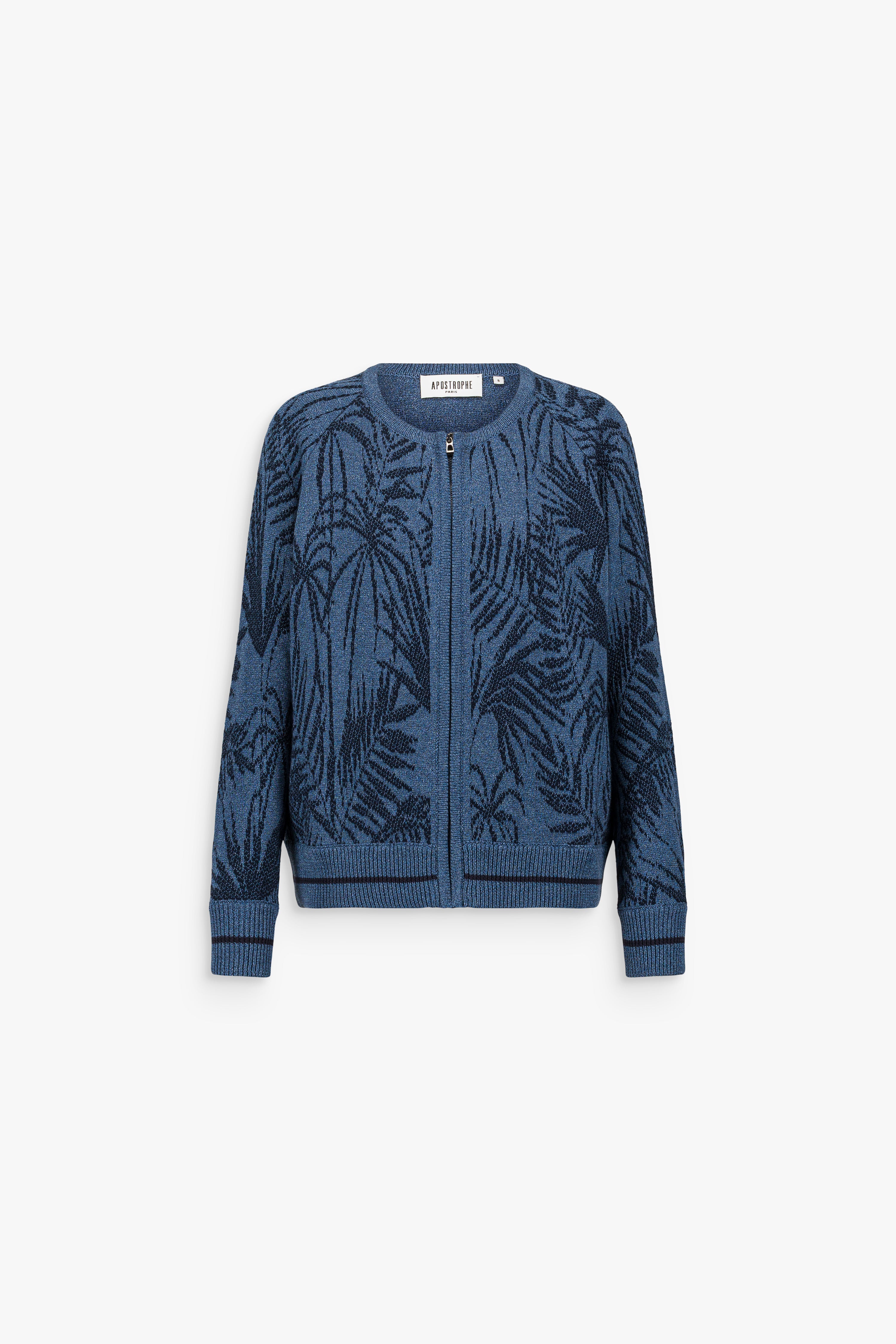 Gilet bleu denim style bomber avec fermeture zippée et motif végétal imprimé.