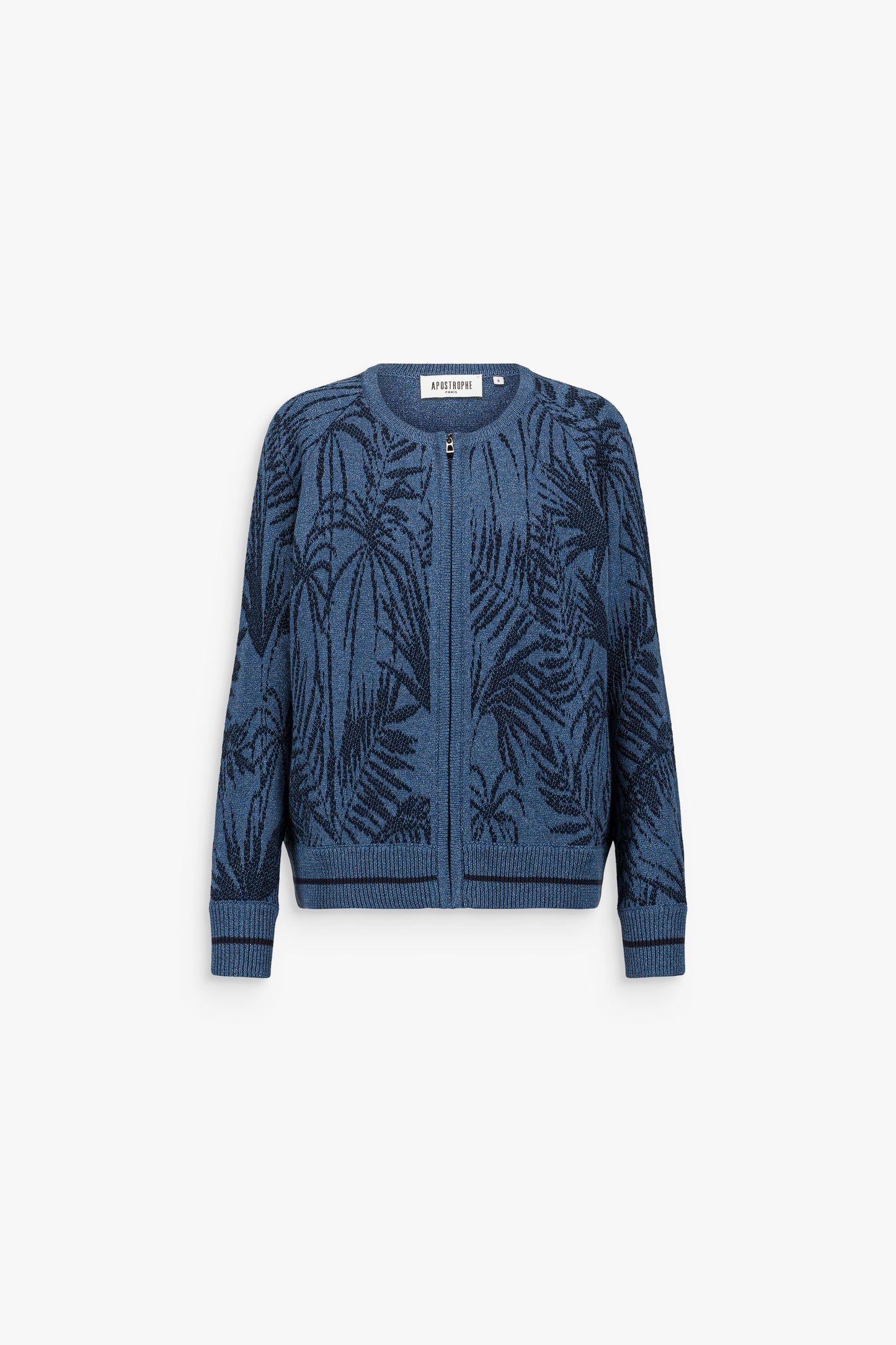 Gilet bleu denim style bomber avec fermeture zippée et motif végétal imprimé.