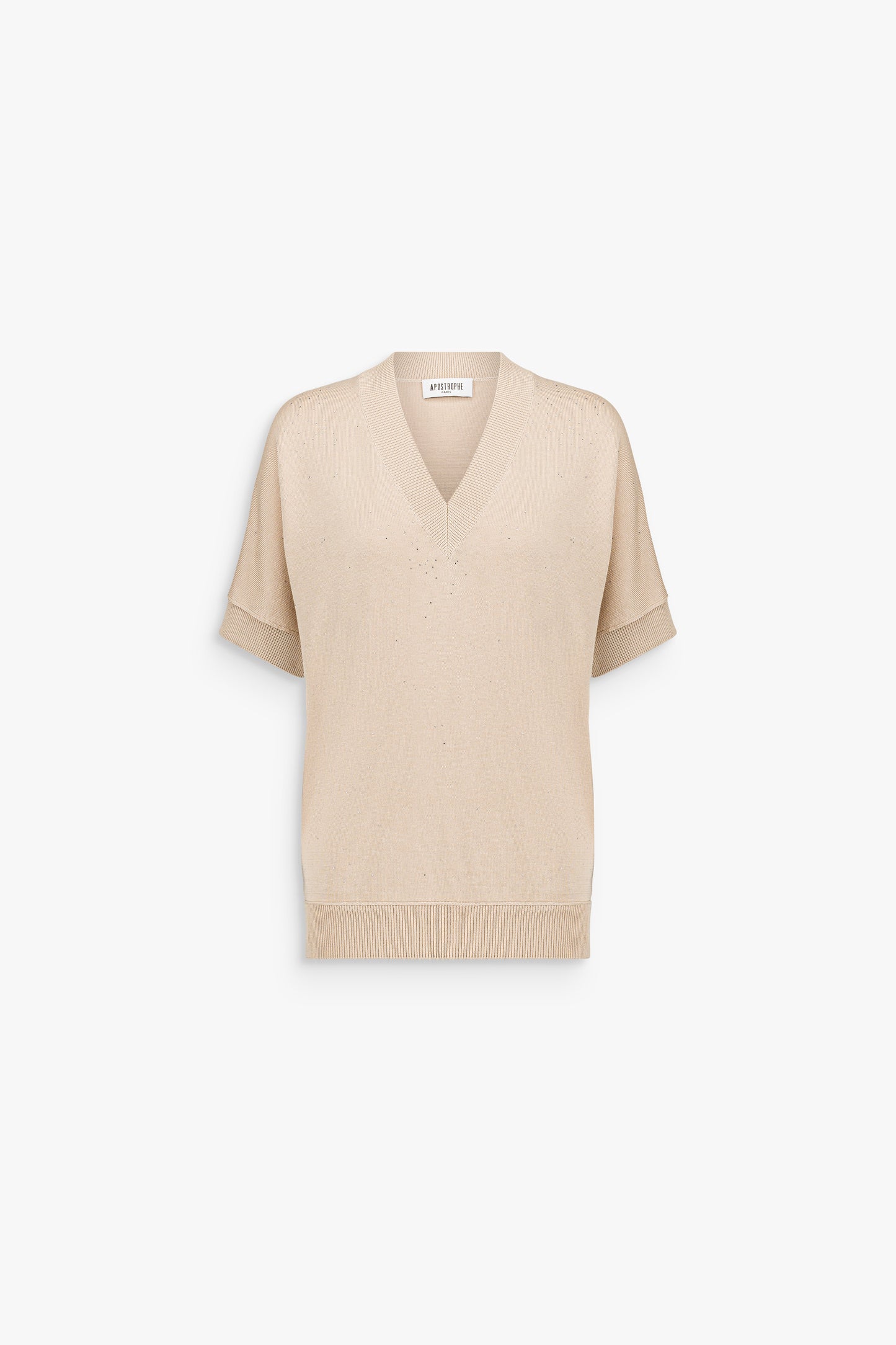 T-shirt beige moyen en maille soie-coton, avec col V et coupe ample.