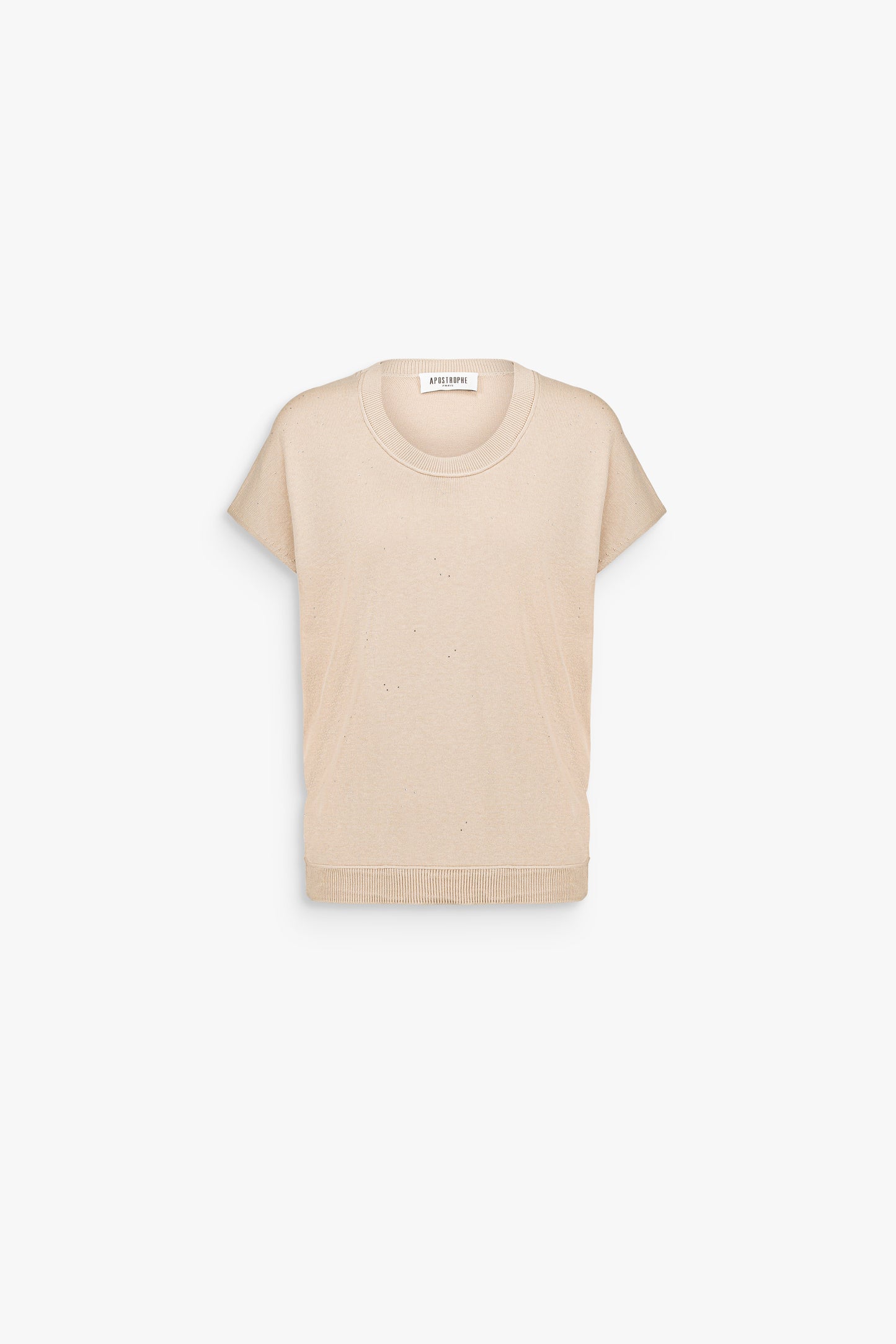 T-shirt beige moyen en maille soie-coton. Coupe ajustée, col rond et sequins délicatement appliqués pour une touche d'éclat subtile.