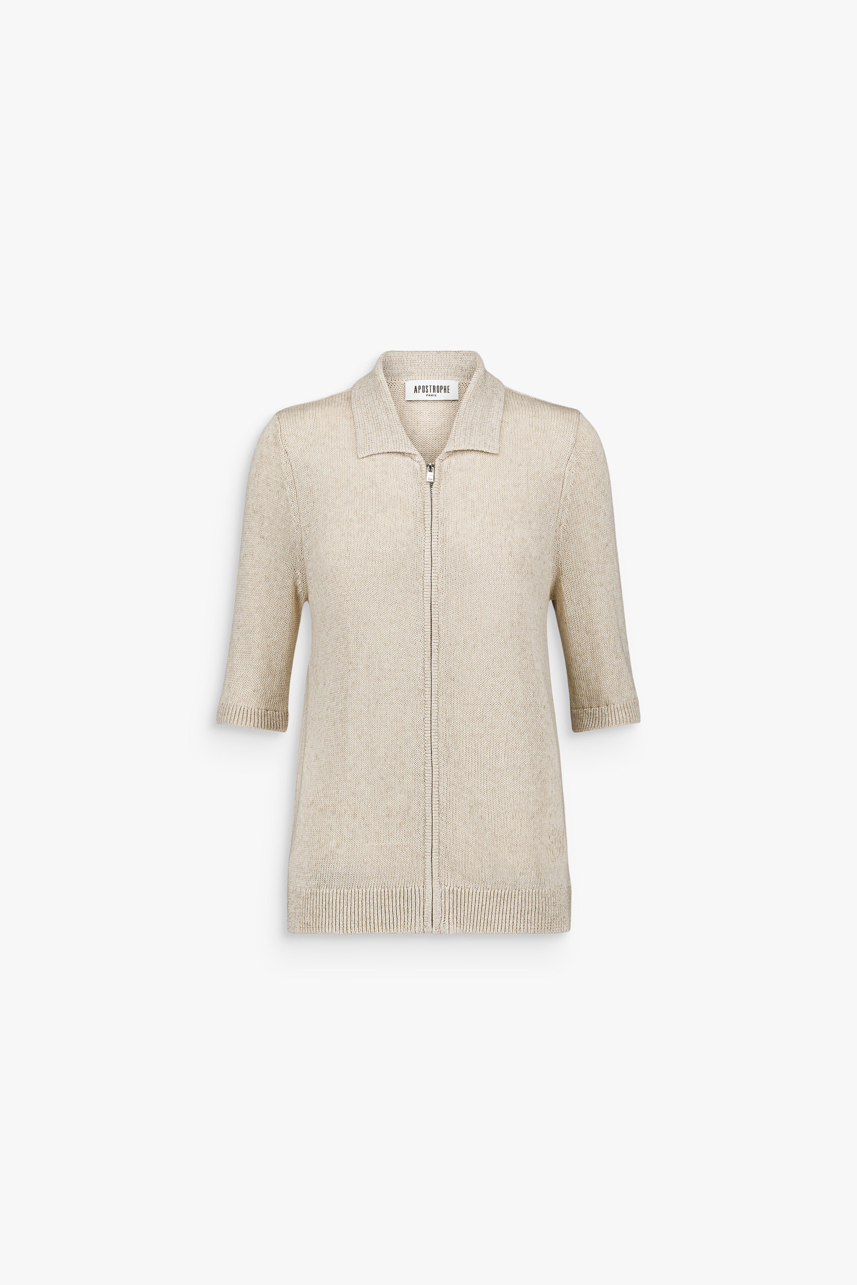 Gilet beige à manches courtes avec fermeture zippée et col classique.